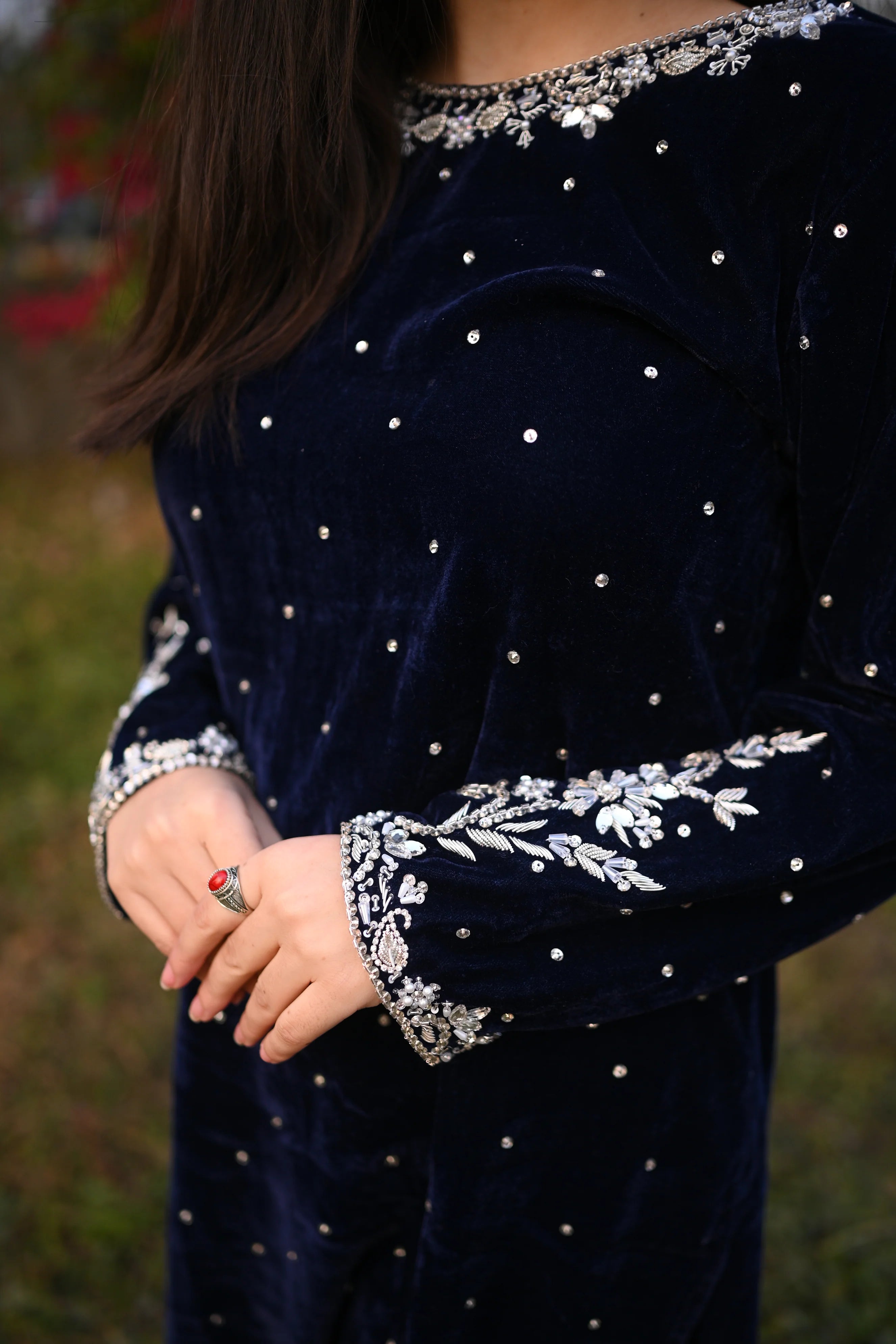 Hand Emblisment Order Now Zoe: Blue Velvet Kora Dabka HandWork Co Ord Set For Women ...
