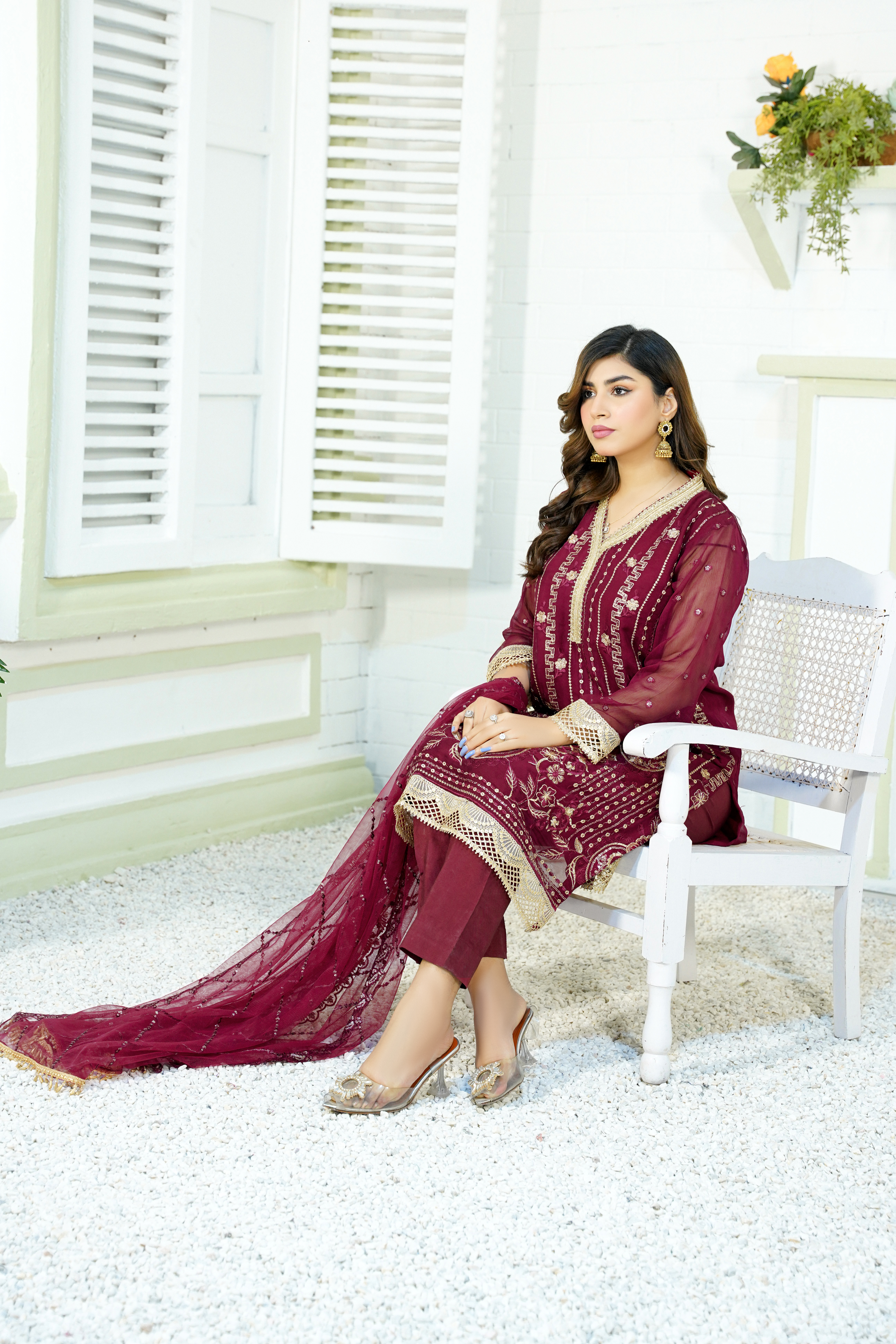 Skylar -  Maroon Pure Chiffon Embroidered - 385 - 3PCs