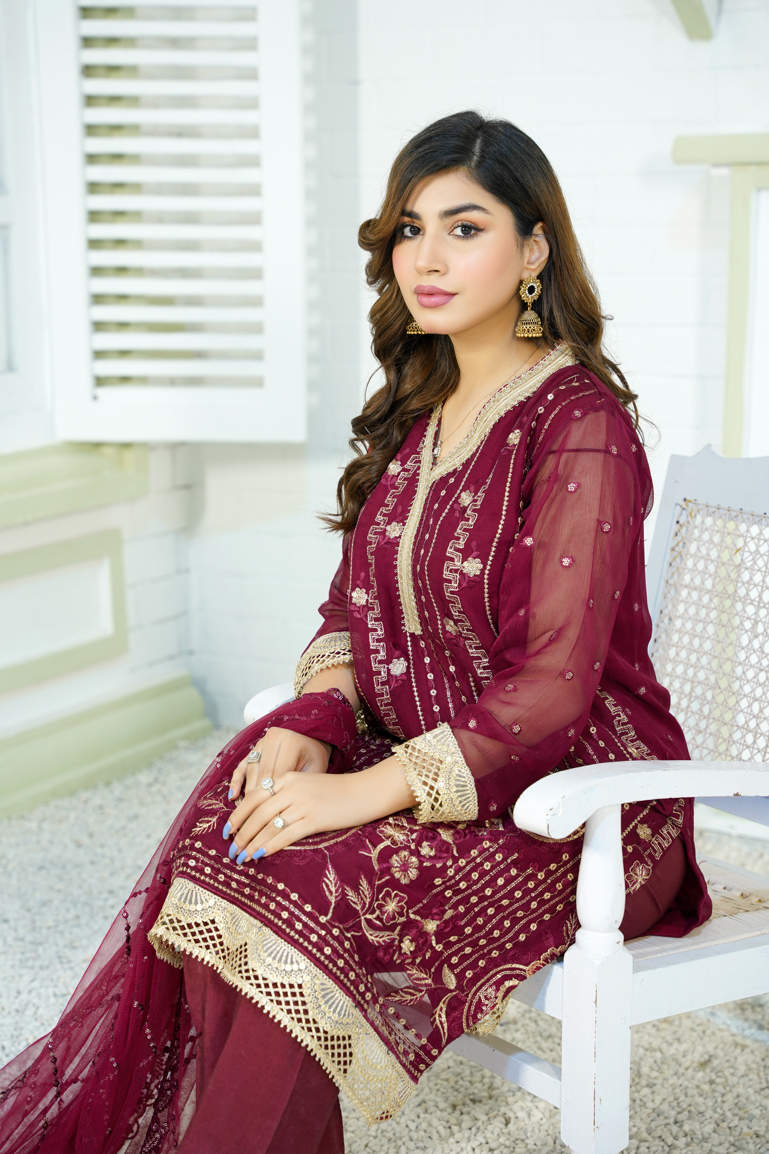 Skylar -  Maroon Pure Chiffon Embroidered - 385 - 3PCs