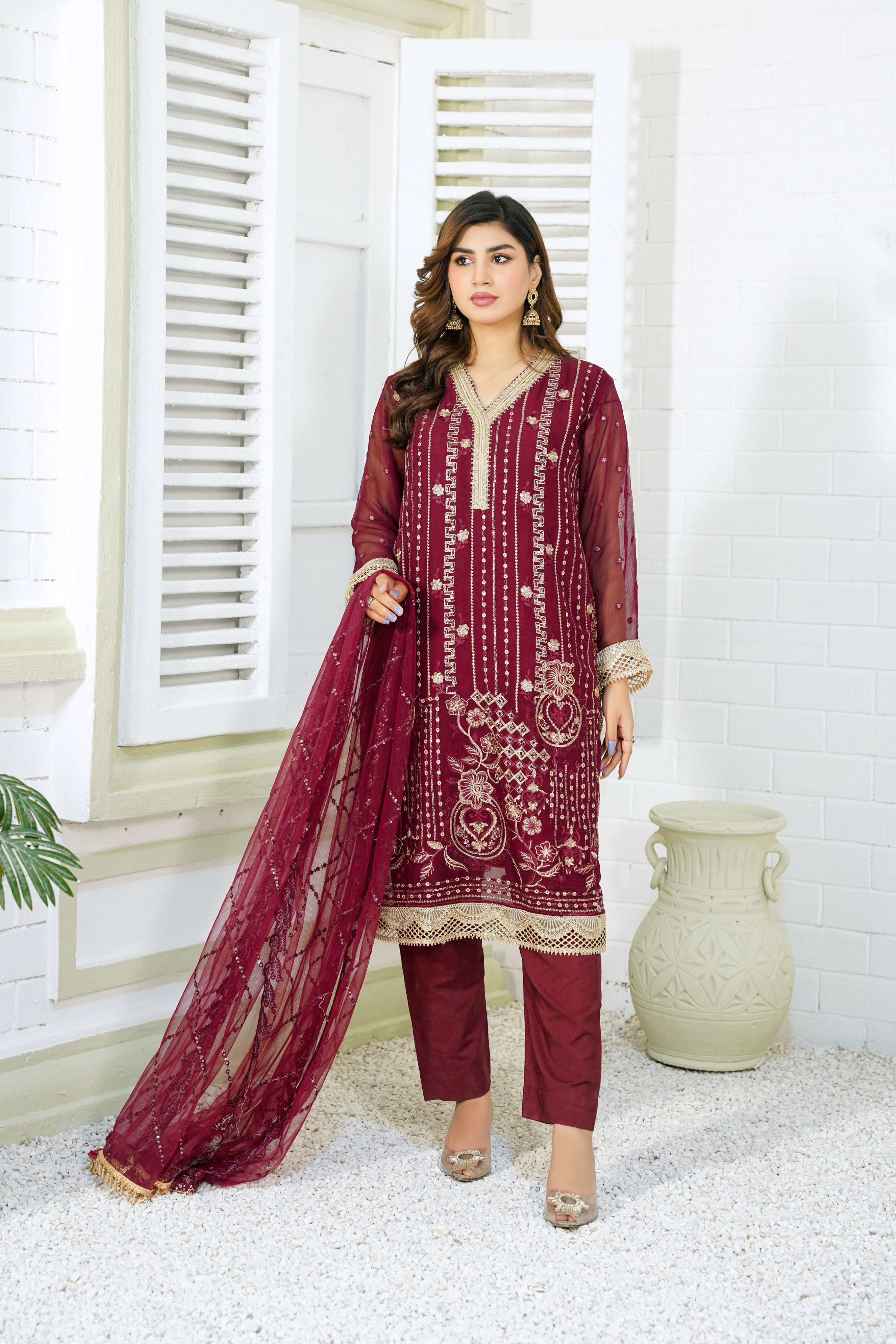 Skylar -  Maroon Pure Chiffon Embroidered - 385 - 3PCs