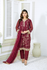 Skylar -  Maroon Pure Chiffon Embroidered - 385 - 3PCs