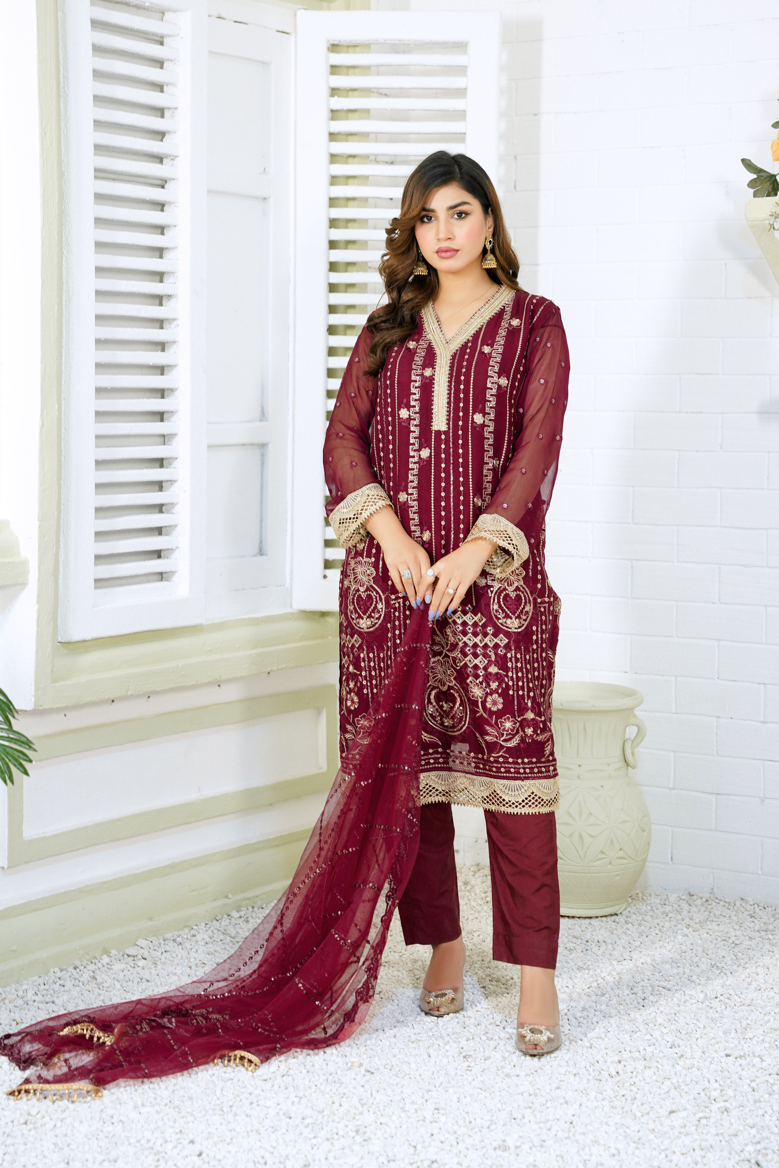 Skylar -  Maroon Pure Chiffon Embroidered - 385 - 3PCs