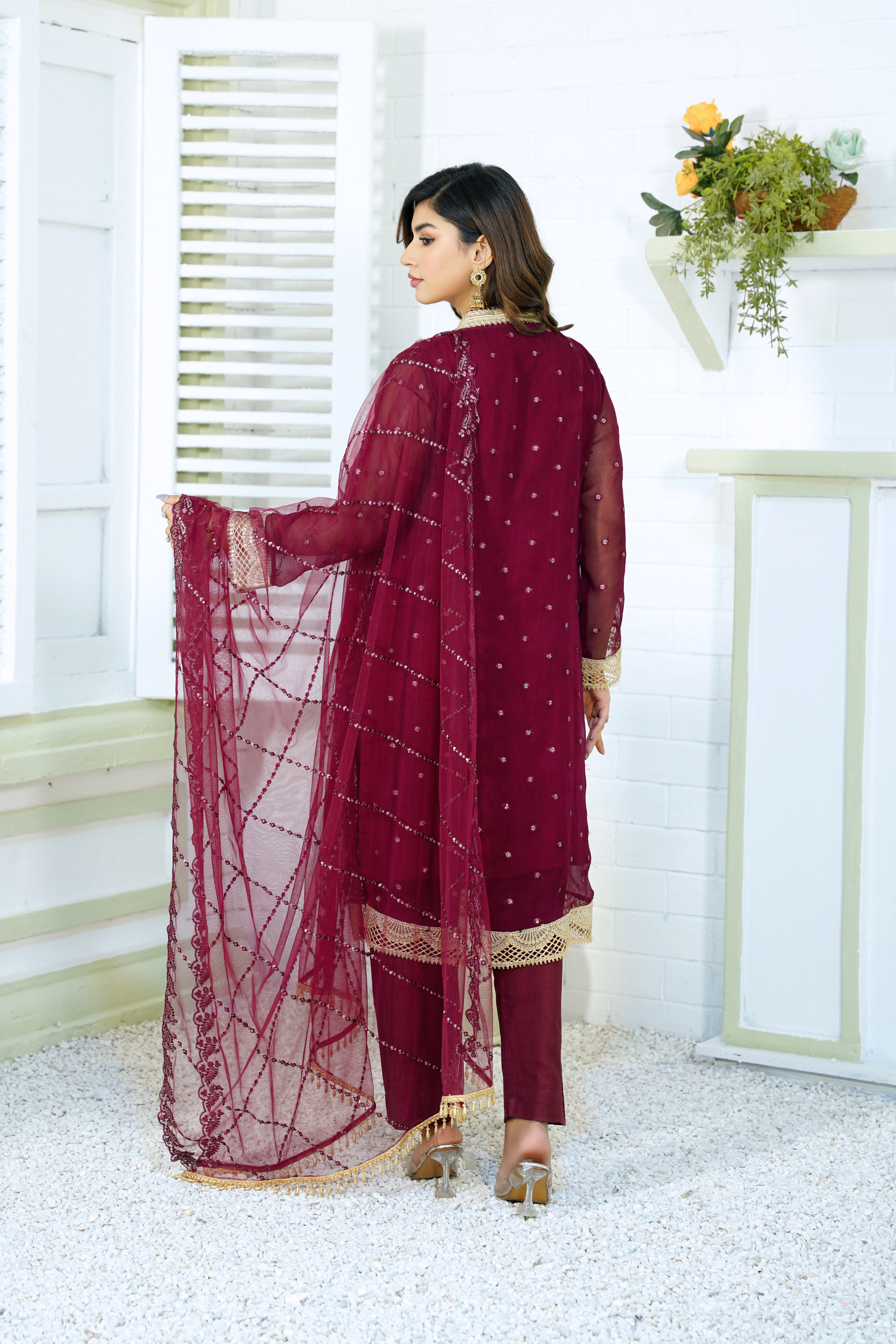 Skylar -  Maroon Pure Chiffon Embroidered - 385 - 3PCs