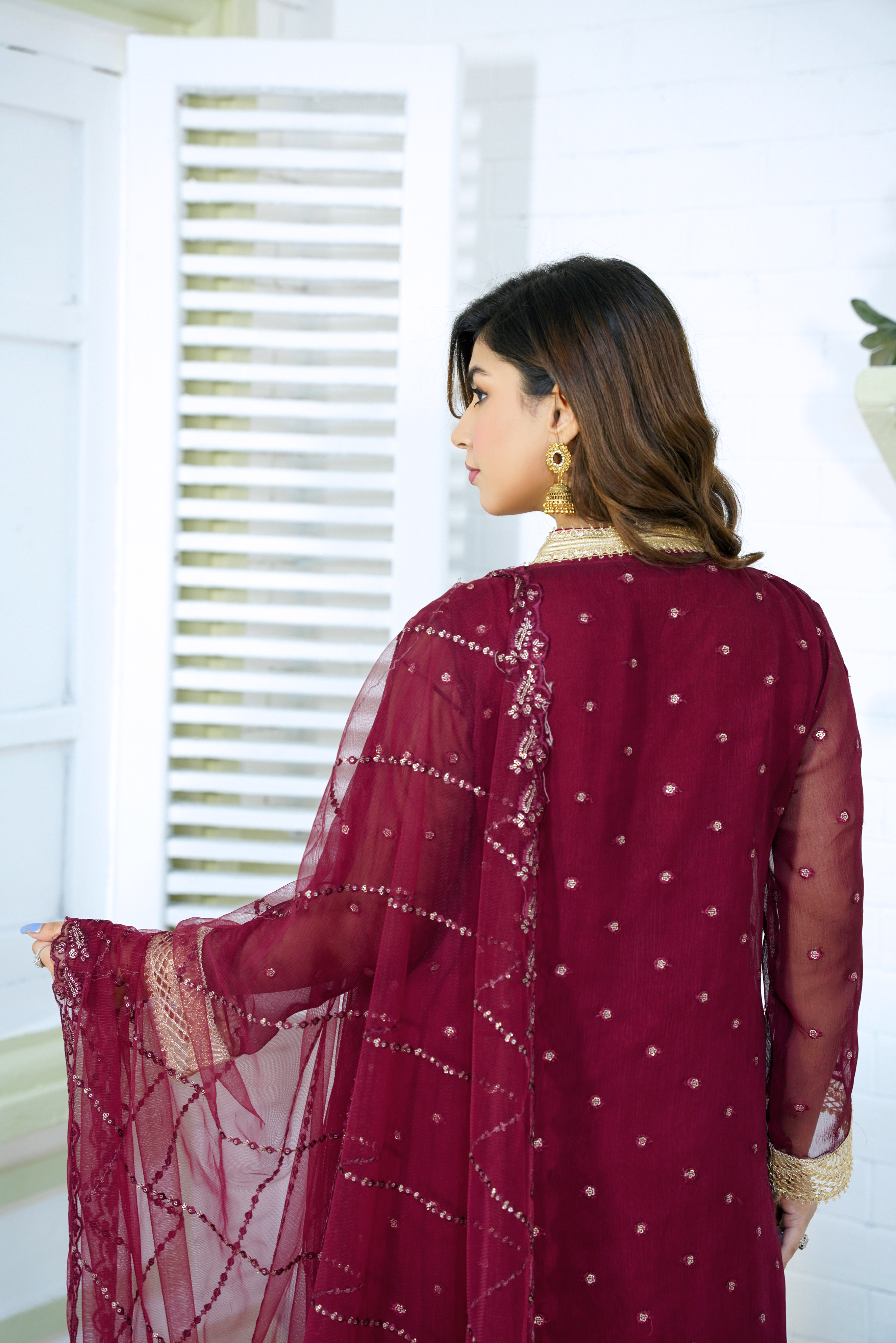 Skylar -  Maroon Pure Chiffon Embroidered - 385 - 3PCs