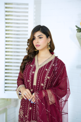 Skylar -  Maroon Pure Chiffon Embroidered - 385 - 3PCs