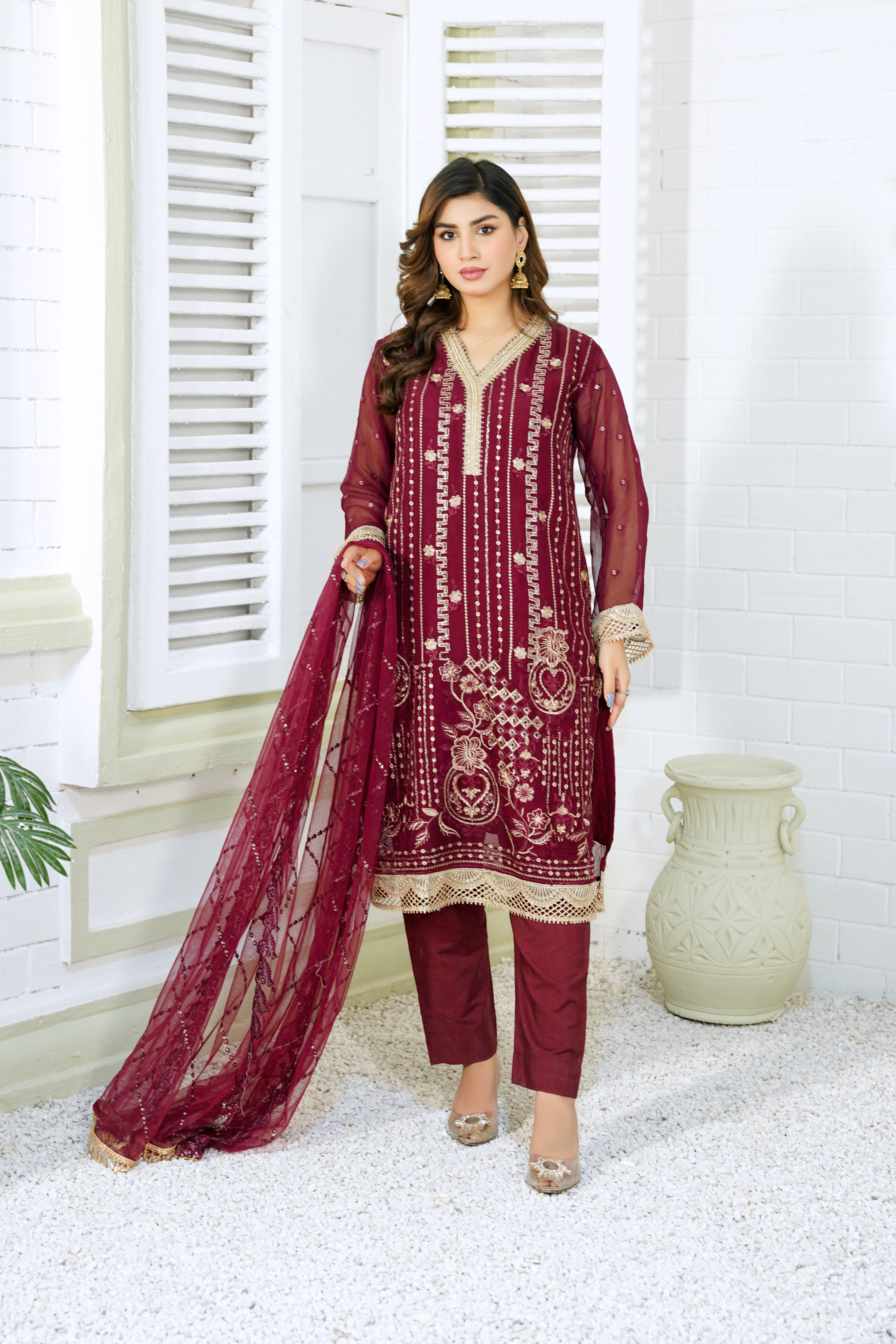 Skylar -  Maroon Pure Chiffon Embroidered - 385 - 3PCs