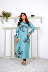 Jada: Pacific Blue Color Long Shirt With A Touch Of Flower - 387