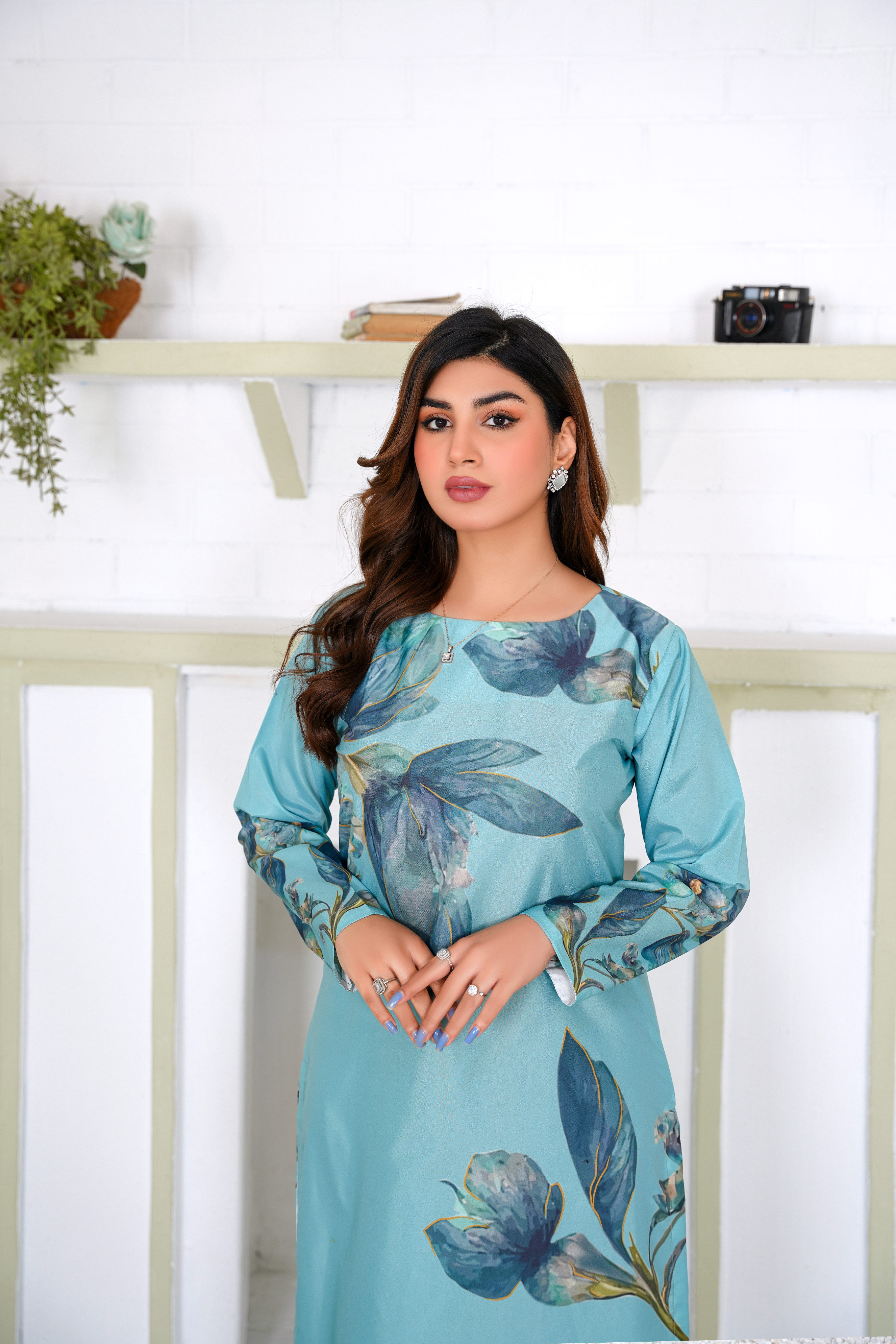 Jada: Pacific Blue Color Long Shirt With A Touch Of Flower - 387