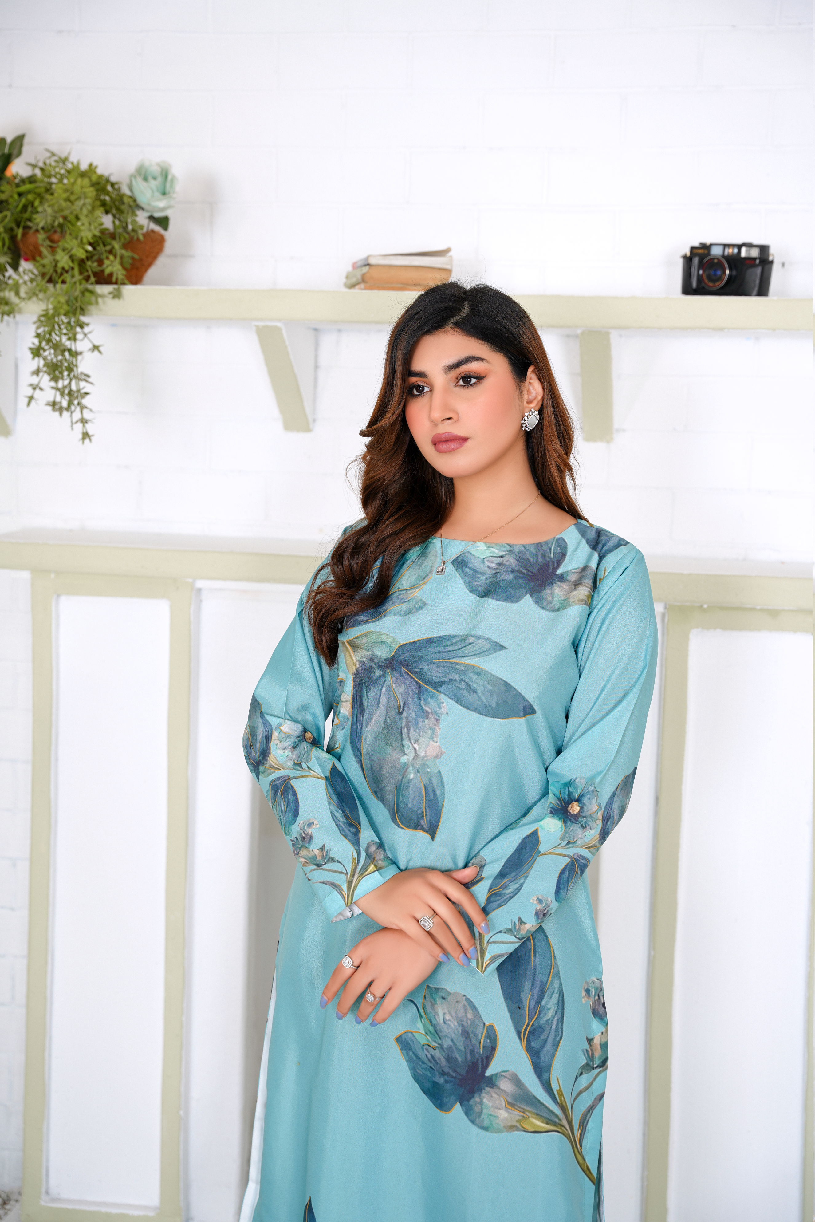 Jada: Pacific Blue Color Long Shirt With A Touch Of Flower - 387