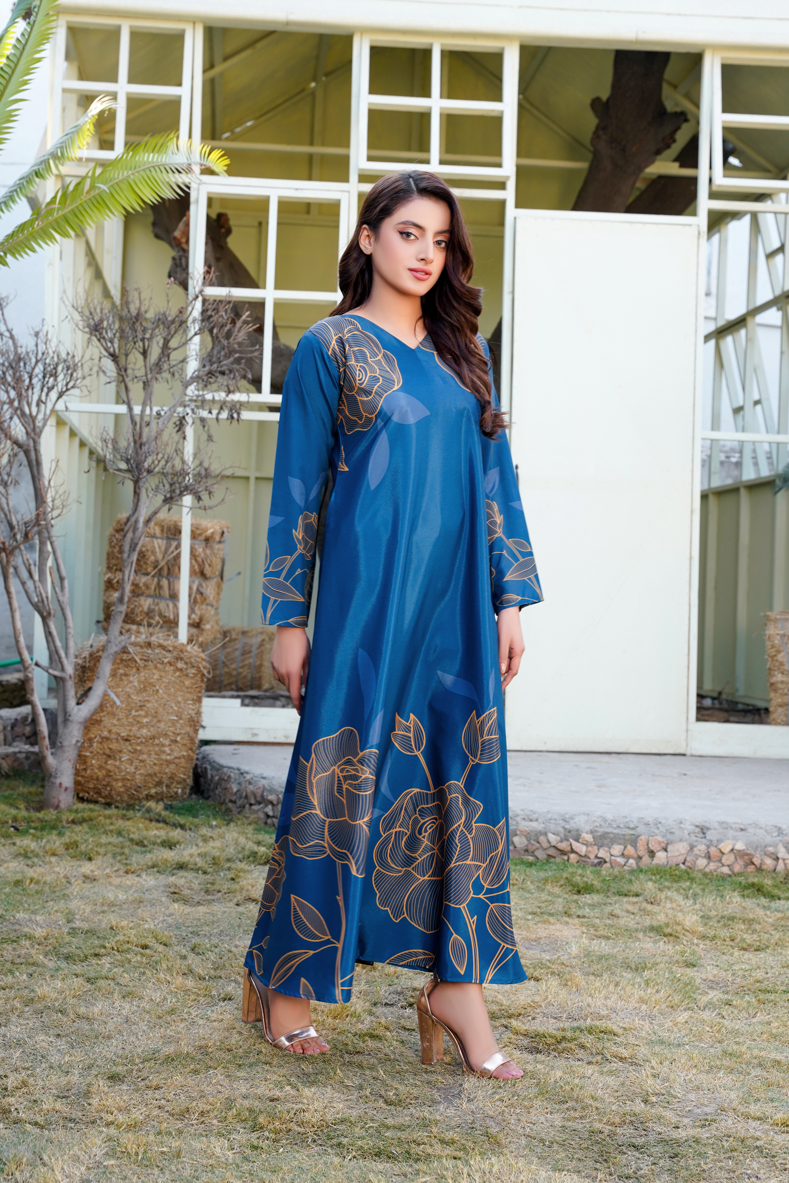 Lilyvine: Metallic Blue Floral Long Maxi - 398