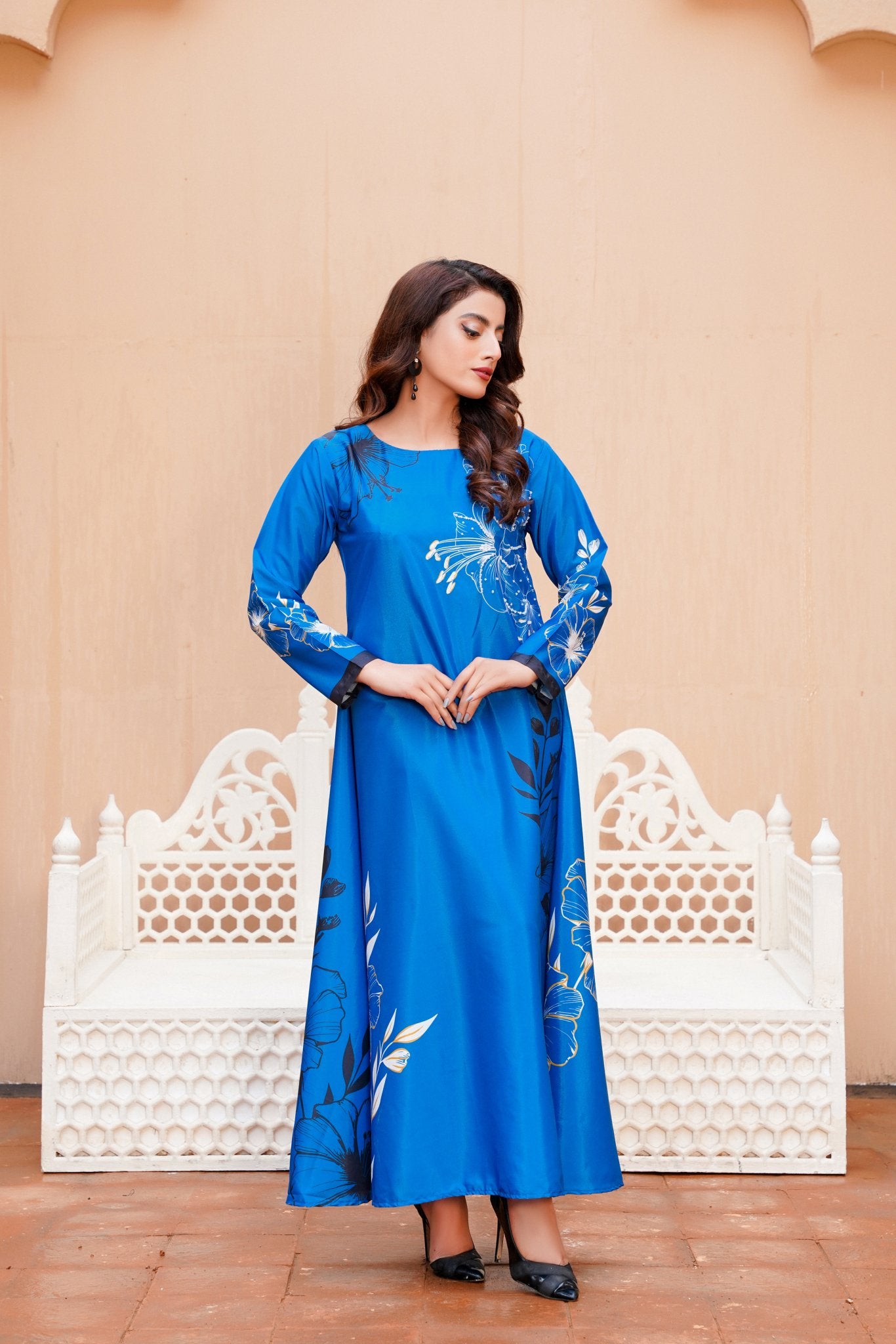 DynastyFlora: Royal Blue Floral Handwork Long Maxi - 402