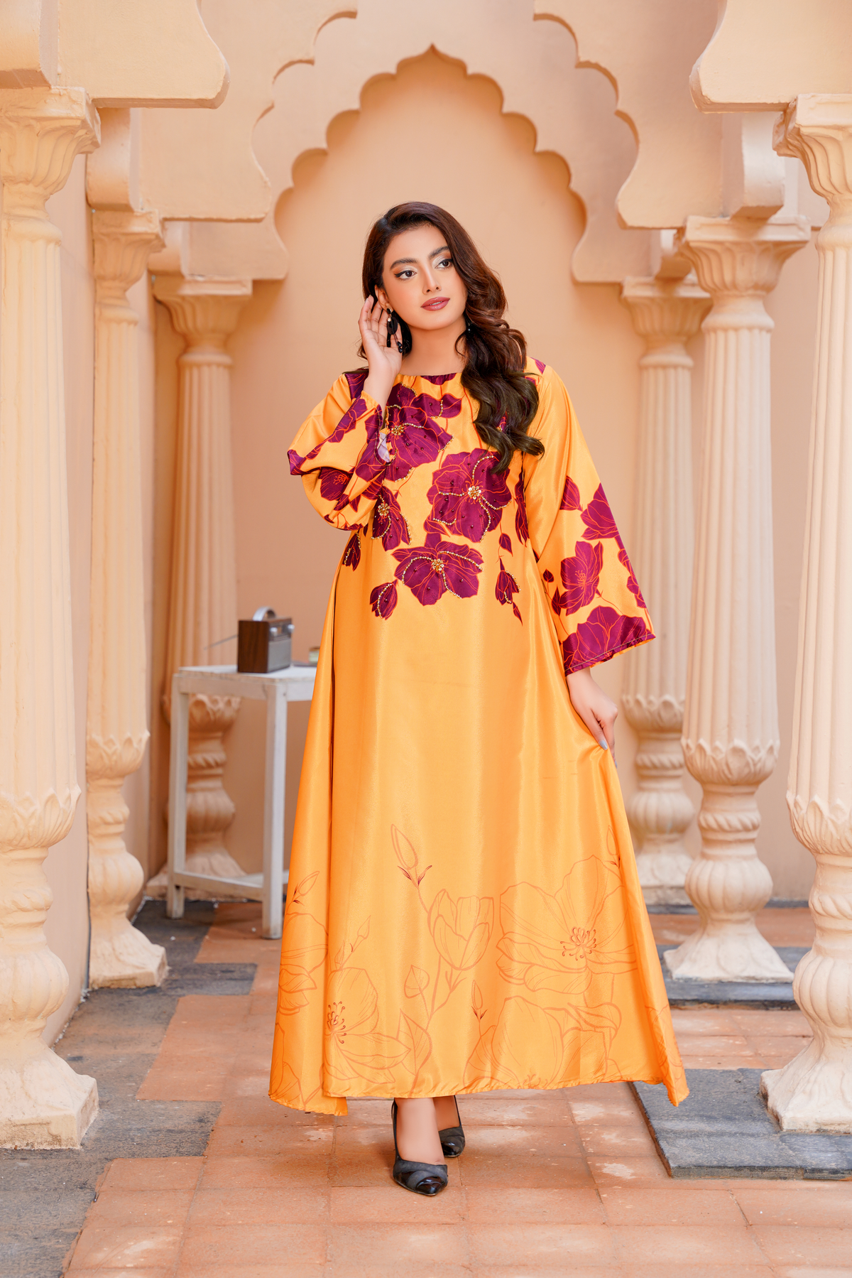 MusFlame: Mustard & Red Floral Handwork Long Maxi - 404