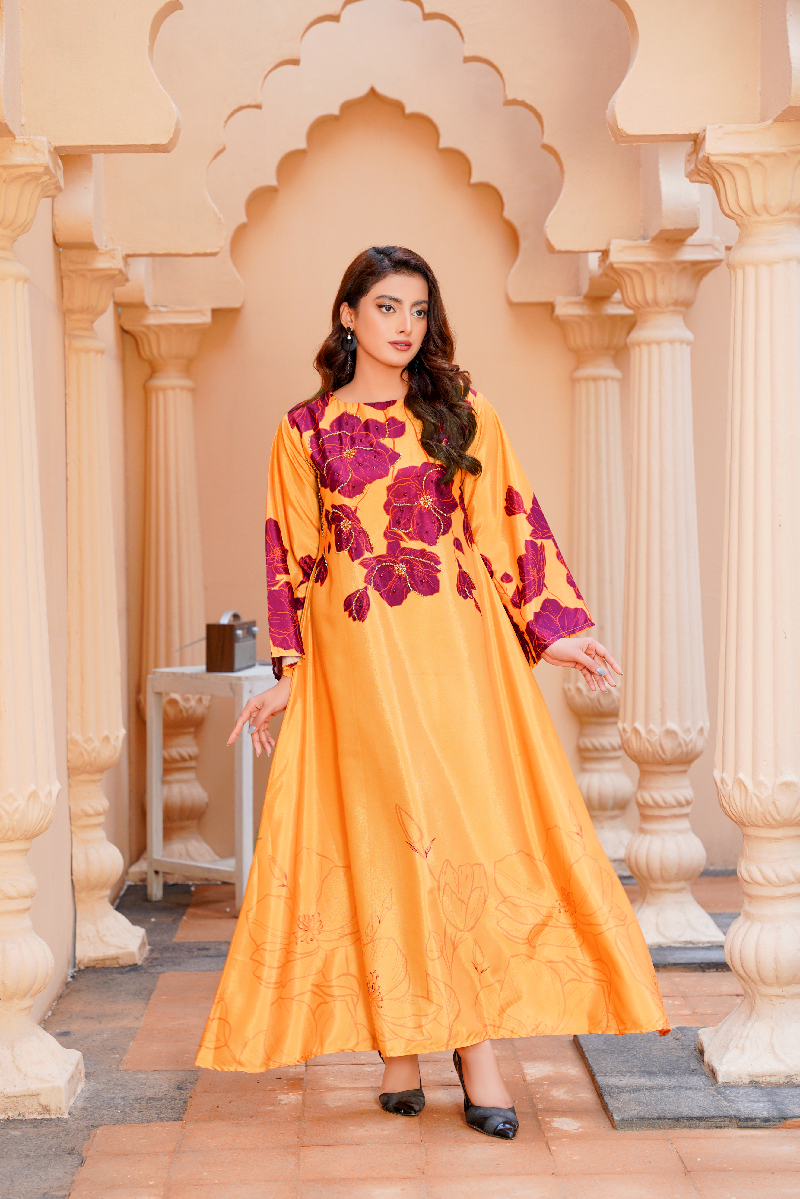 MusFlame: Mustard & Red Floral Handwork Long Maxi - 404