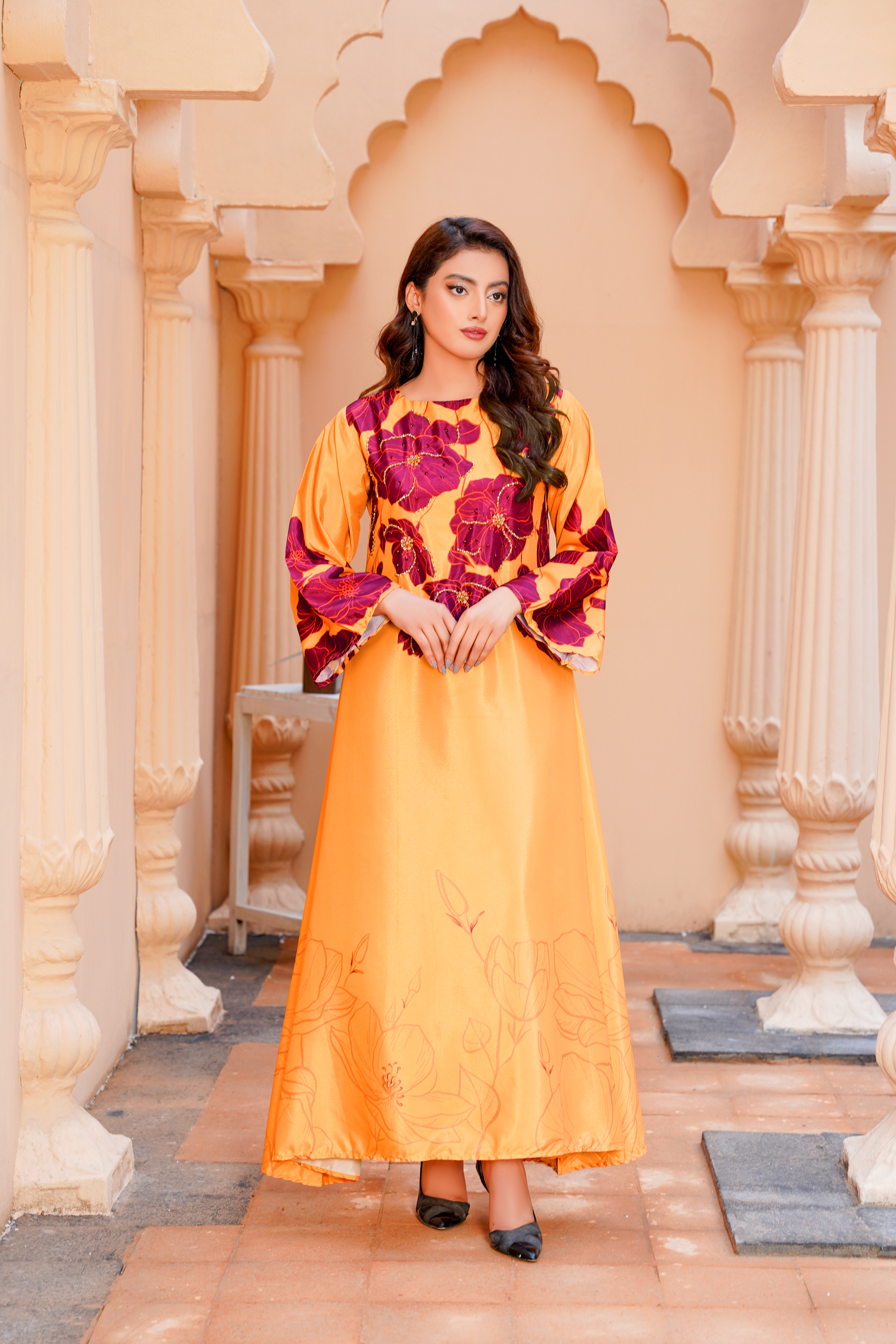 MusFlame: Mustard & Red Floral Handwork Long Maxi - 404