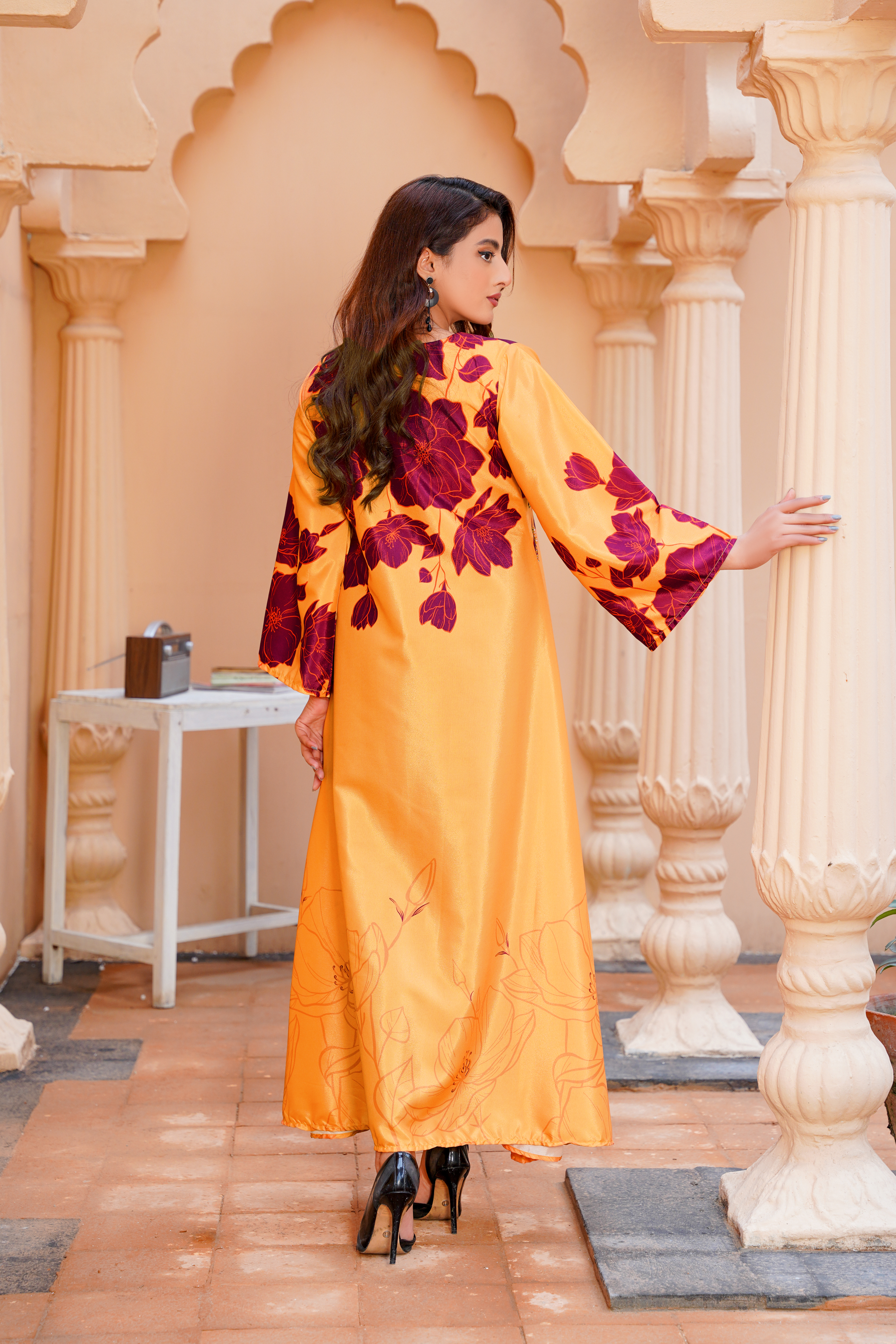 MusFlame: Mustard & Red Floral Handwork Long Maxi - 404