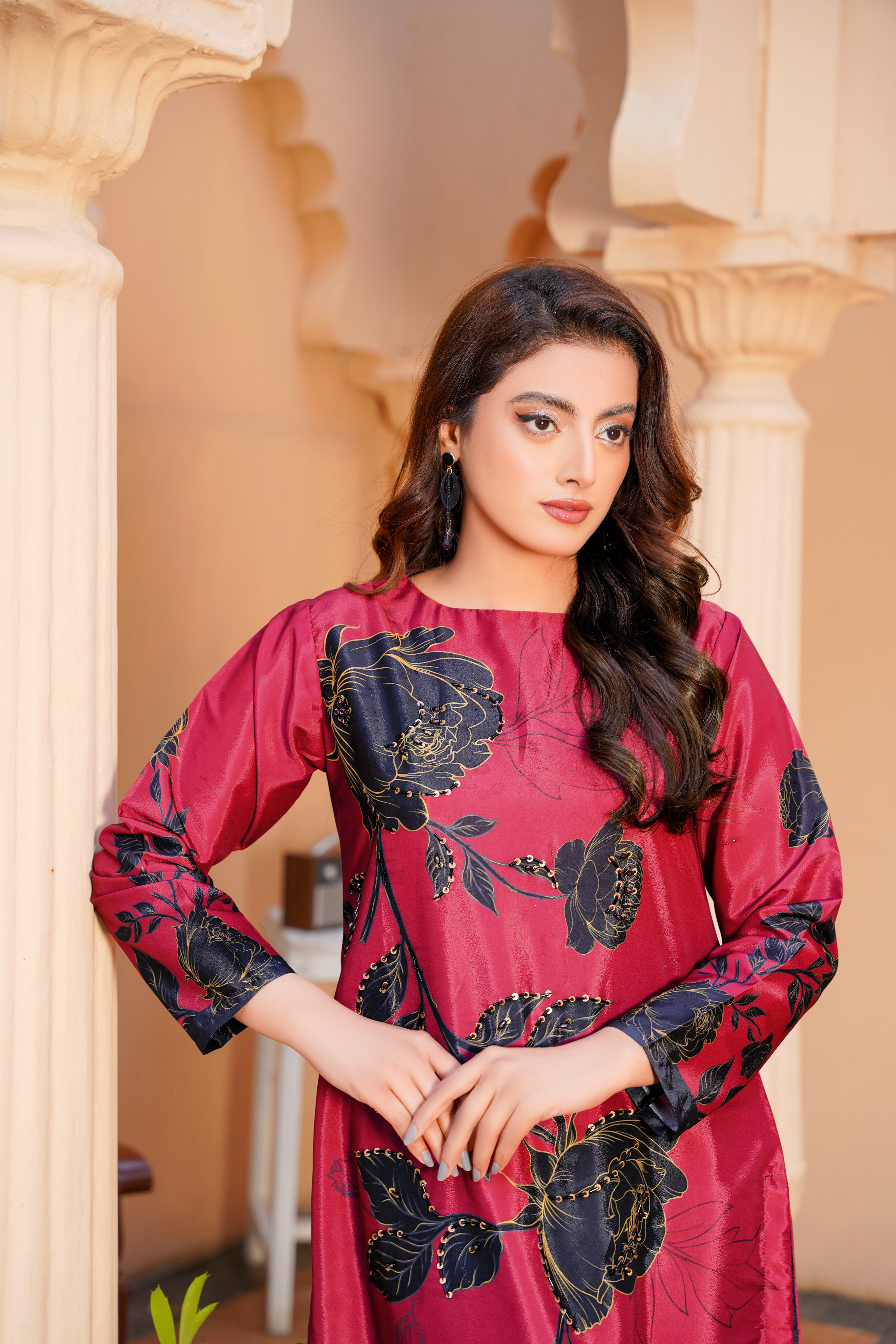 RubyRaven: Red & Black Floral Handwork Long Shirt - 405