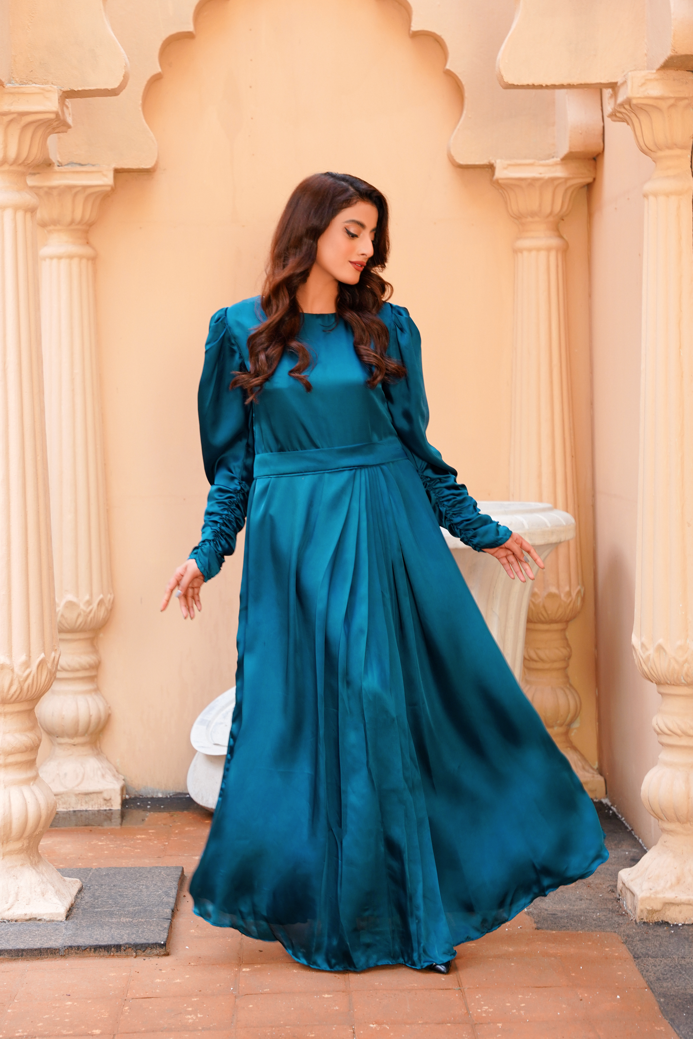 Tealuxe: Teal Green Color Silk Long Maxi - 408