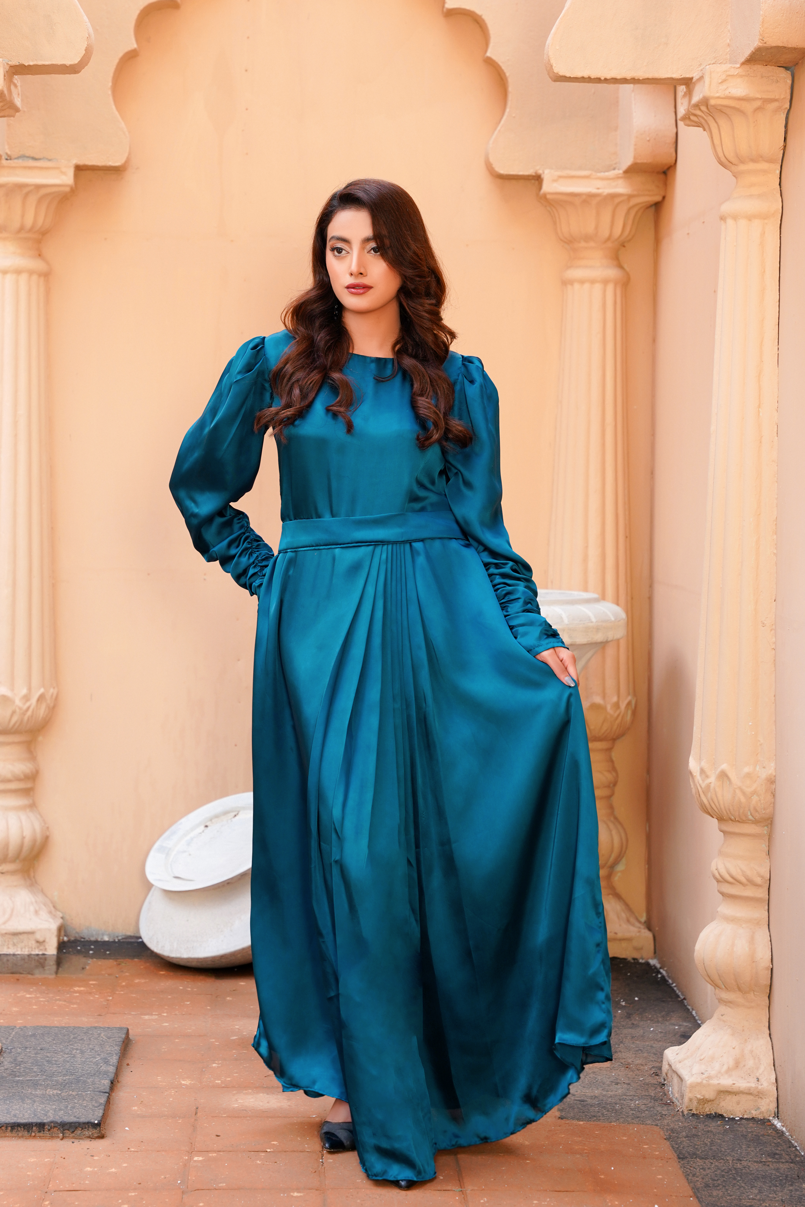 Tealuxe: Teal Green Color Silk Long Maxi - 408