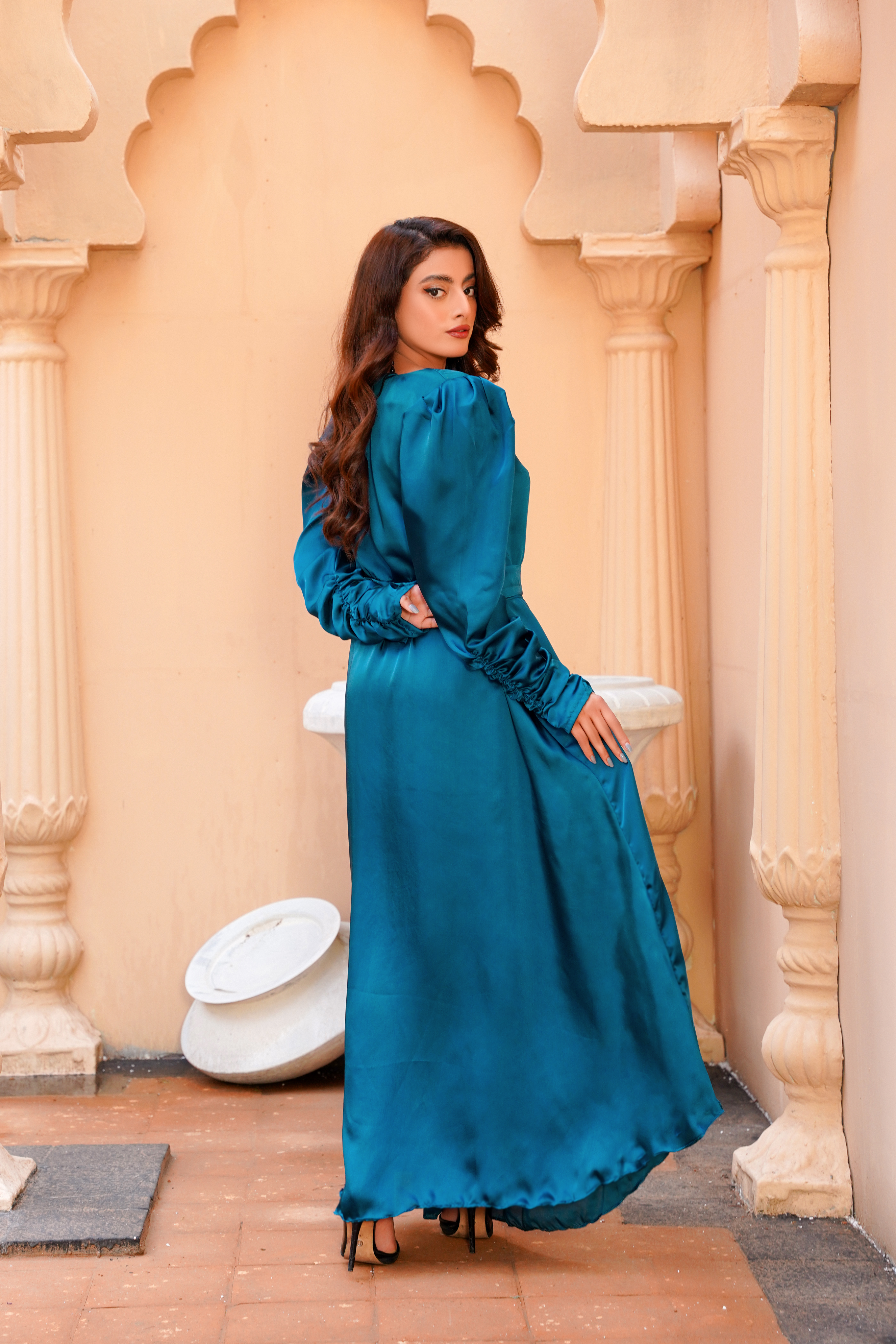 Tealuxe: Teal Green Color Silk Long Maxi - 408