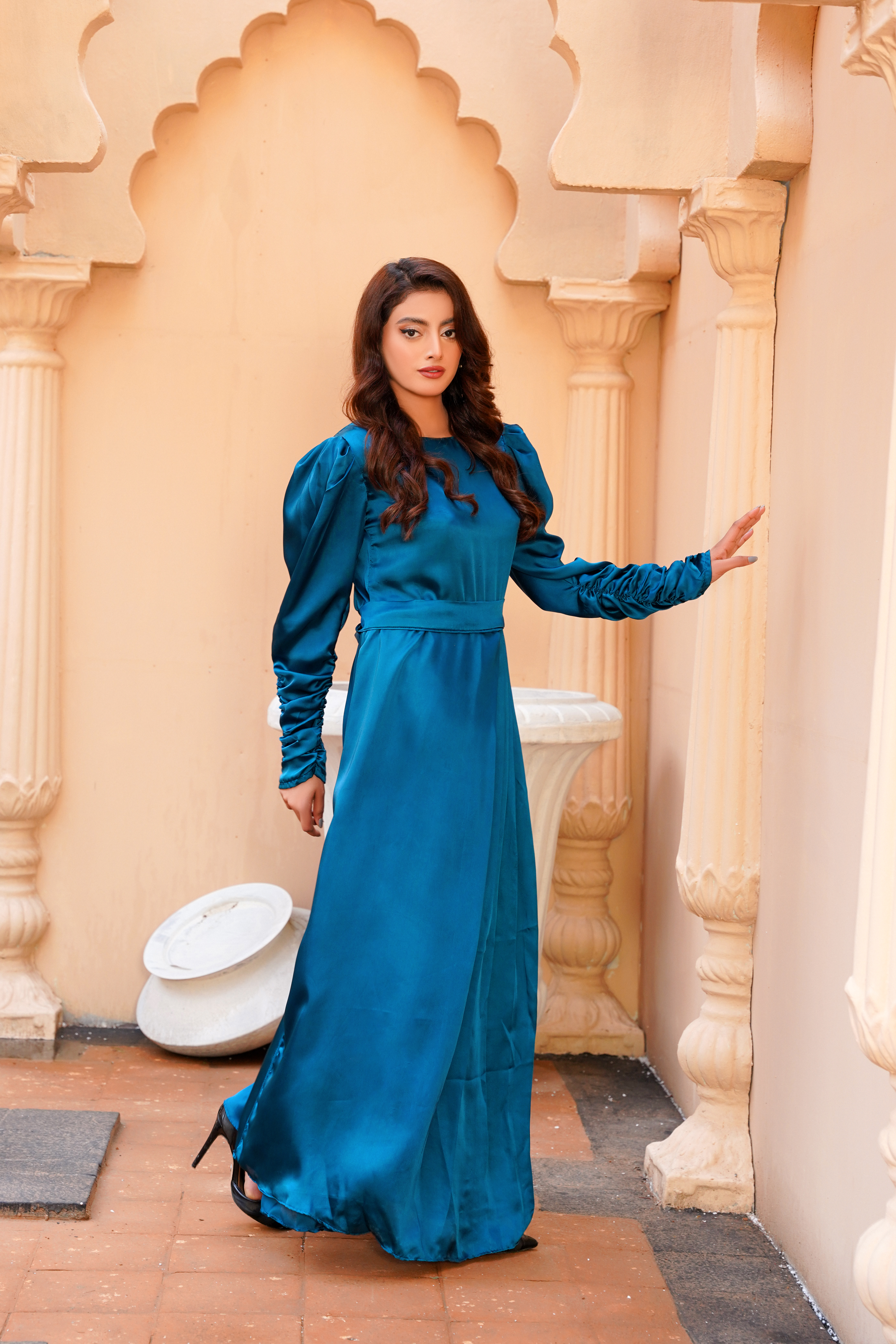 Tealuxe: Teal Green Color Silk Long Maxi - 408