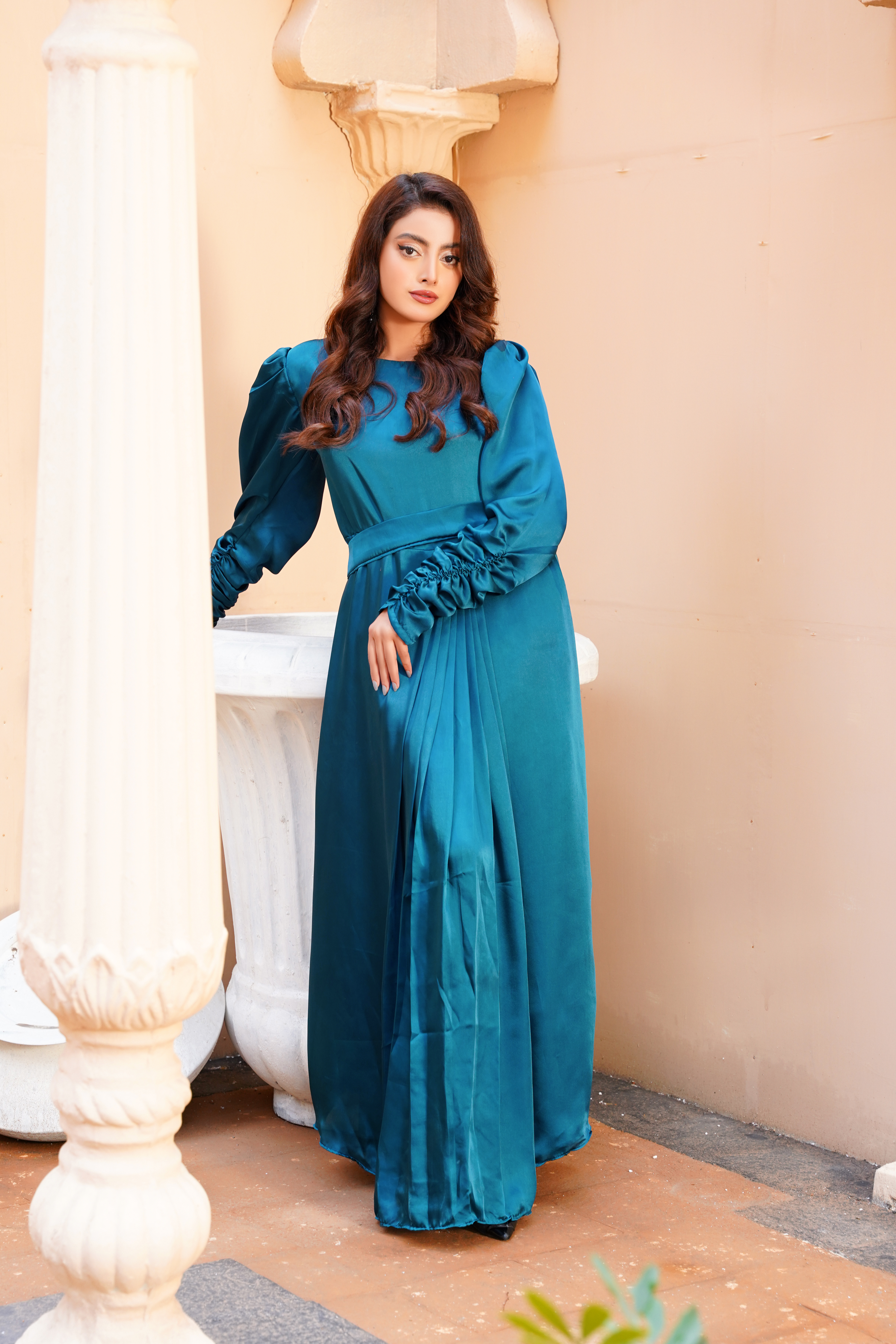 Tealuxe: Teal Green Color Silk Long Maxi - 408