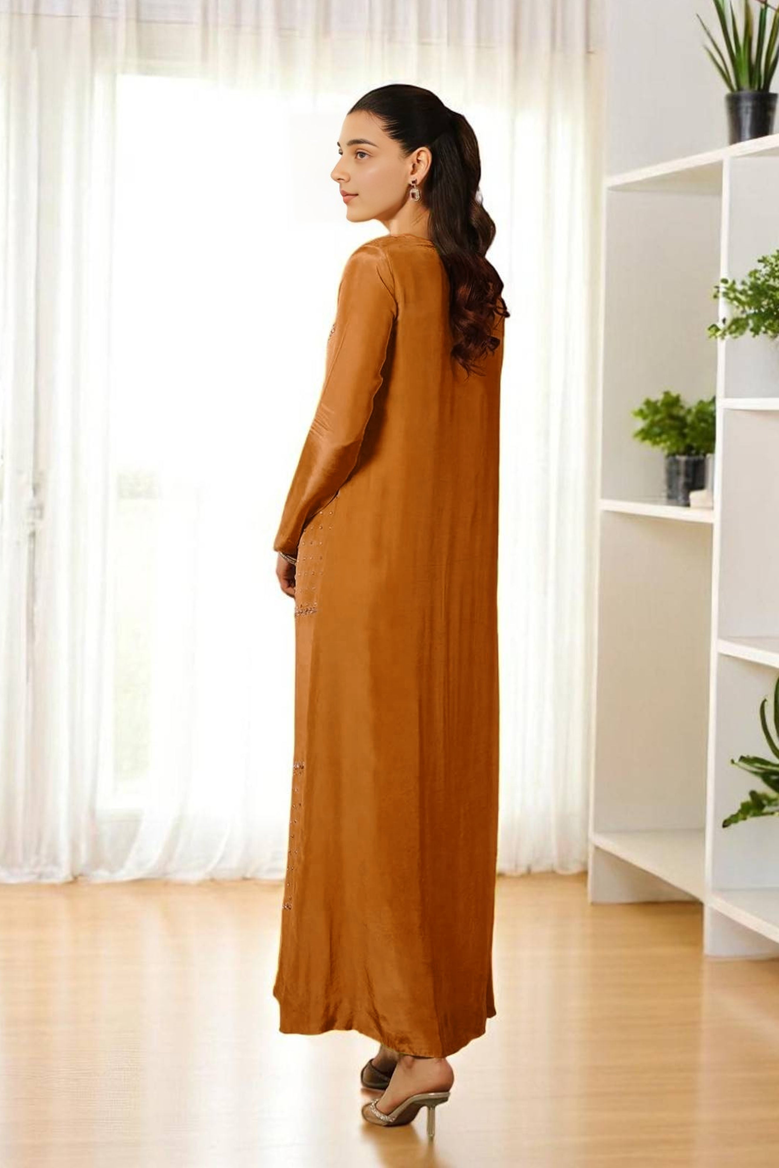 Genesis: Rust Long Dress With Crystal Hand Embellishment - 476