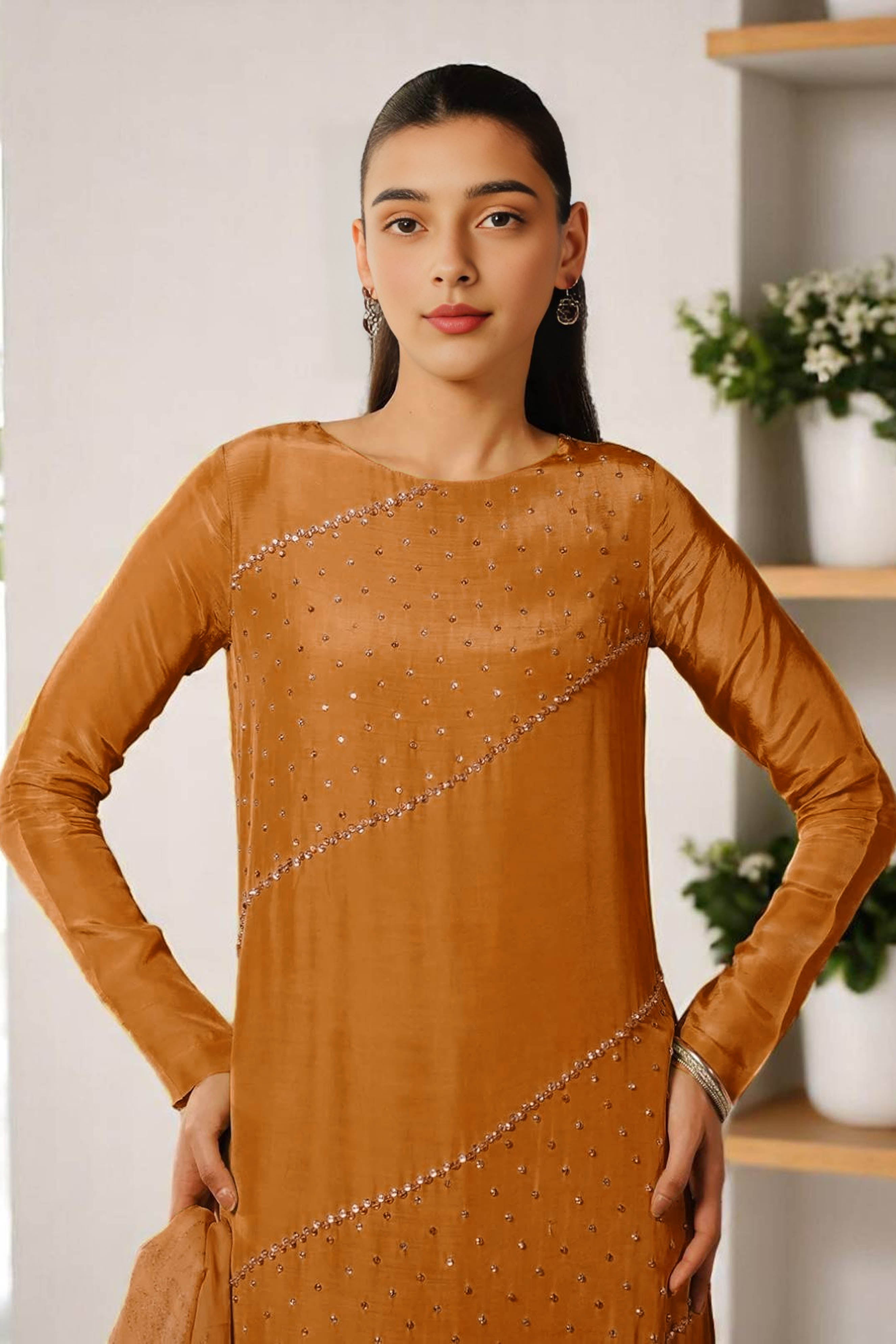Genesis: Rust Long Dress With Crystal Hand Embellishment - 476