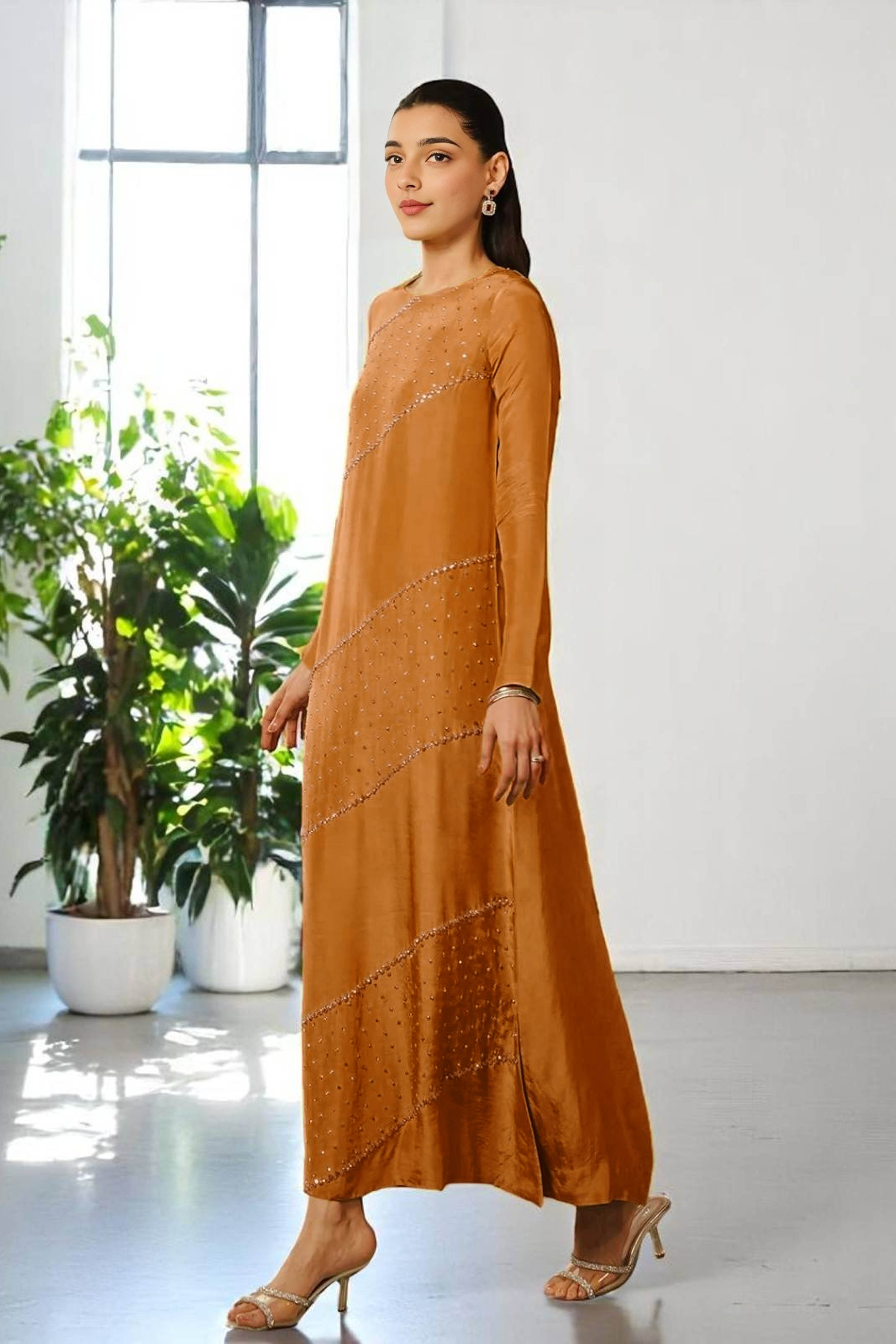 Genesis: Rust Long Dress With Crystal Hand Embellishment - 476