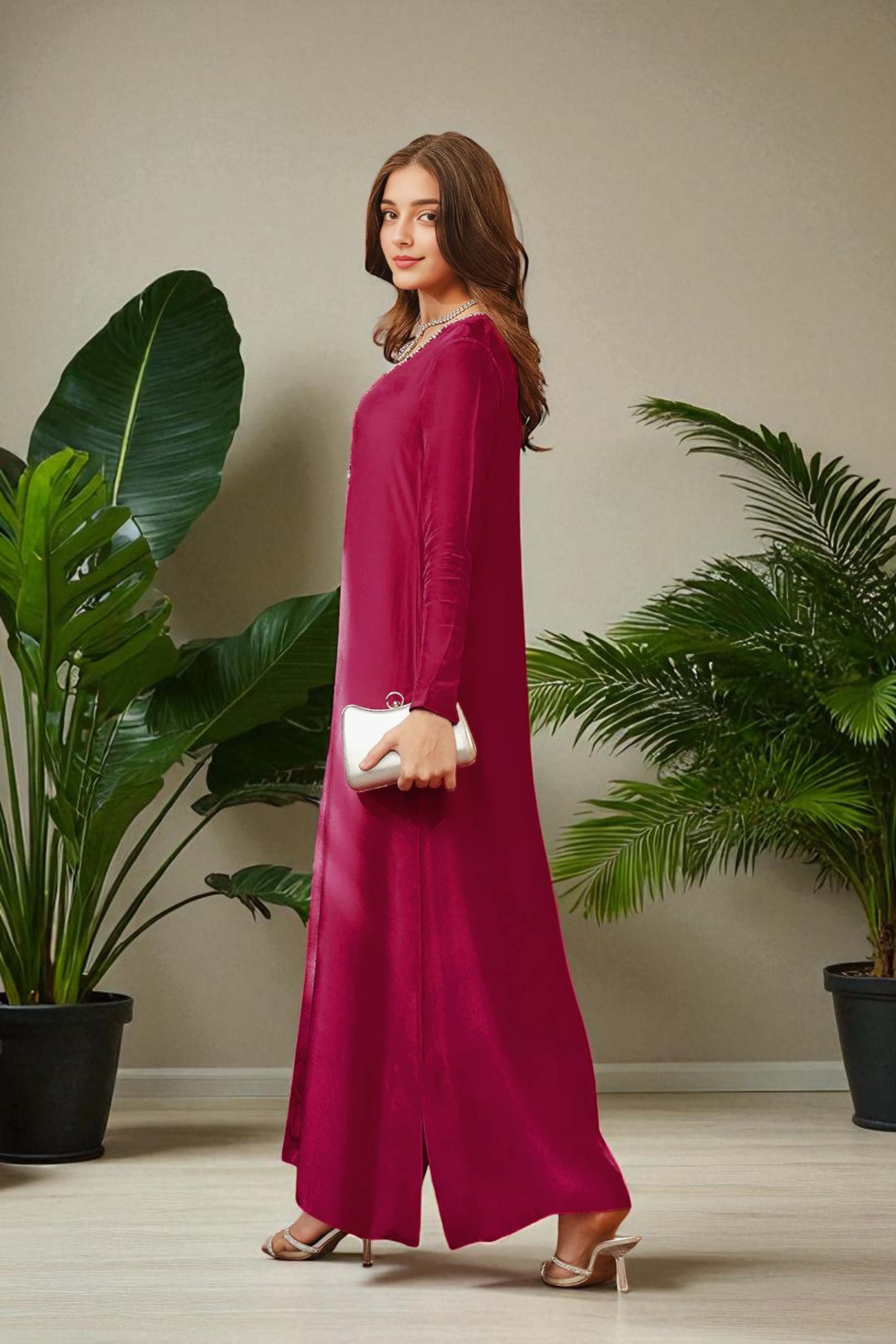 Aari: Maroon Long Dress With Hand Embellishment - 484