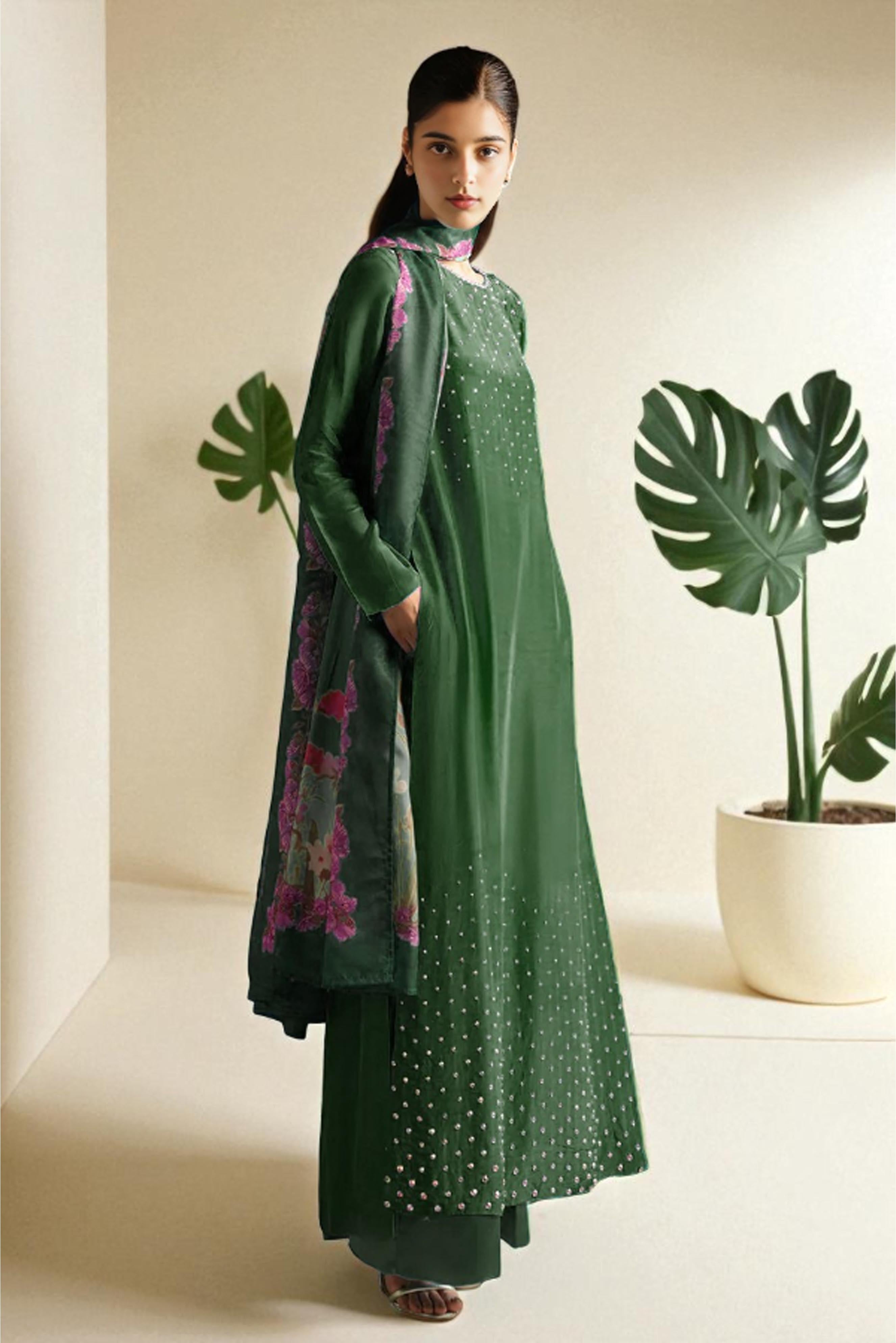 Xanthe: Green Silk Dress With Crystal Stone Work - 491