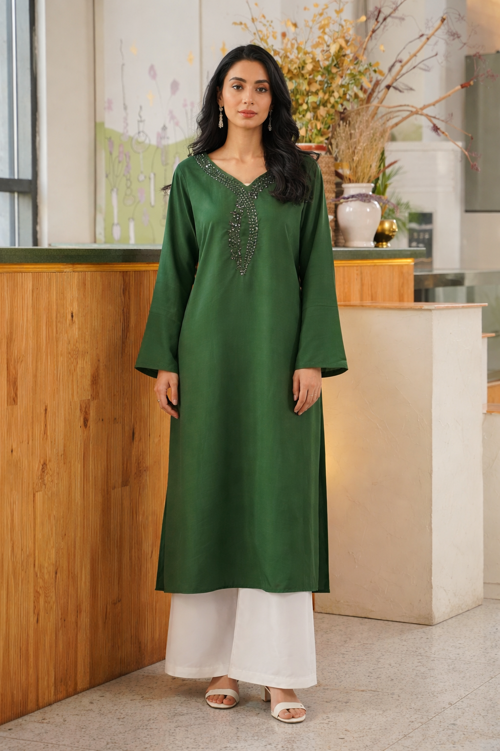 Potolomy: Green Color Dress With Crystal Hand Embellishment - 502