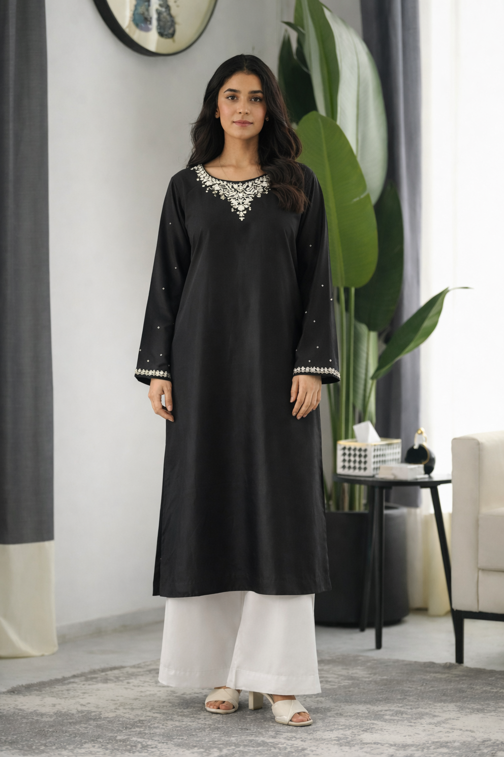 Corinna: Black Silk Dress With Hand Work - 503