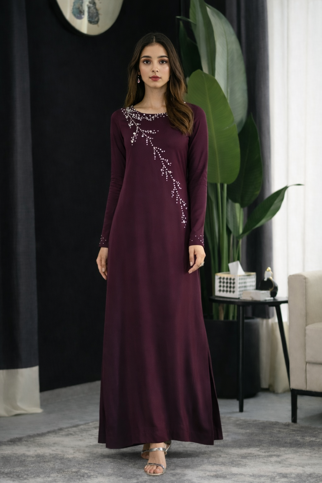 Vasiliki : Plum Dress With Hand Embroidered  - 510