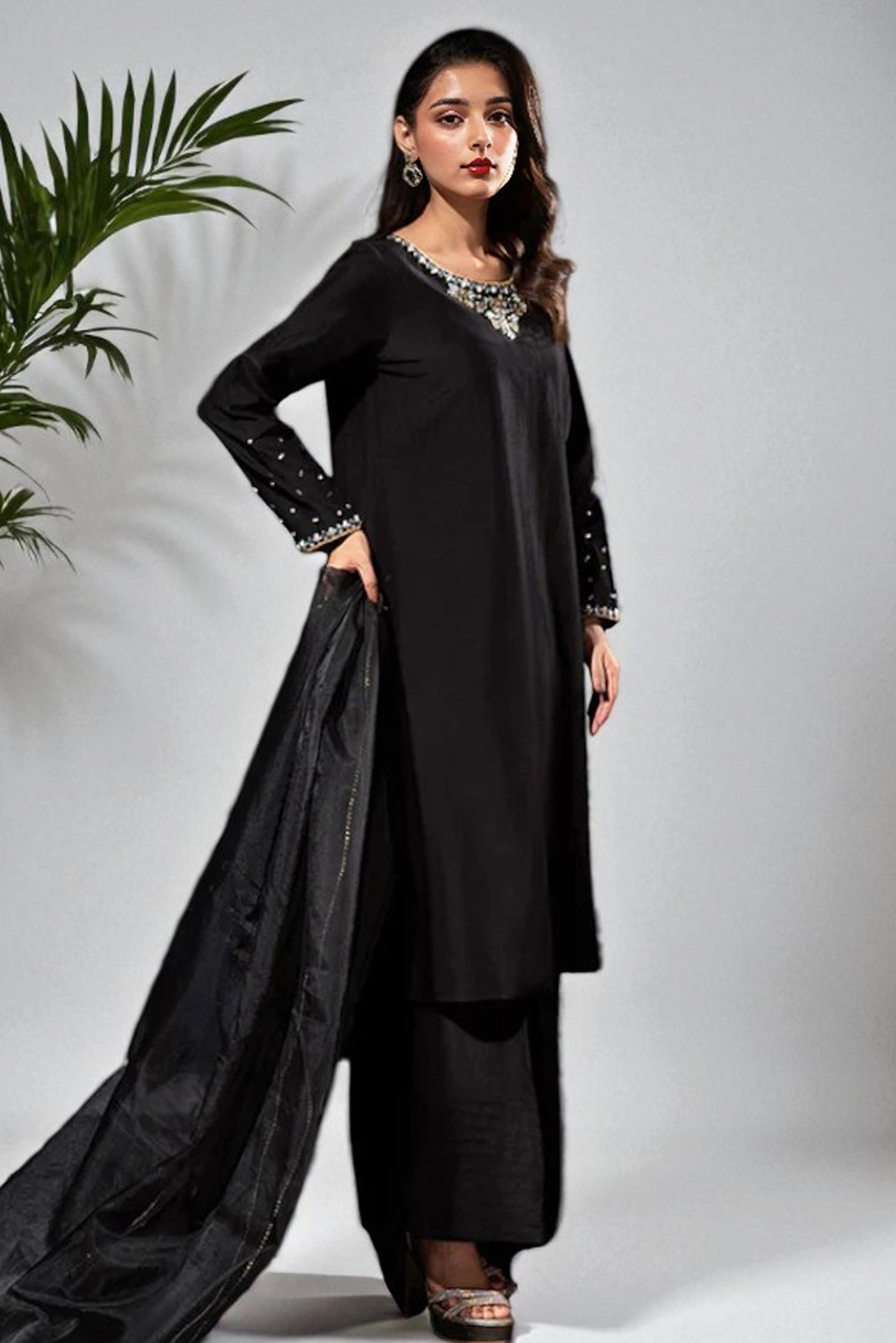 black silk dress pakistani Black Silk Shirt and trousers | long shirt | Pakistani Wedding Dress