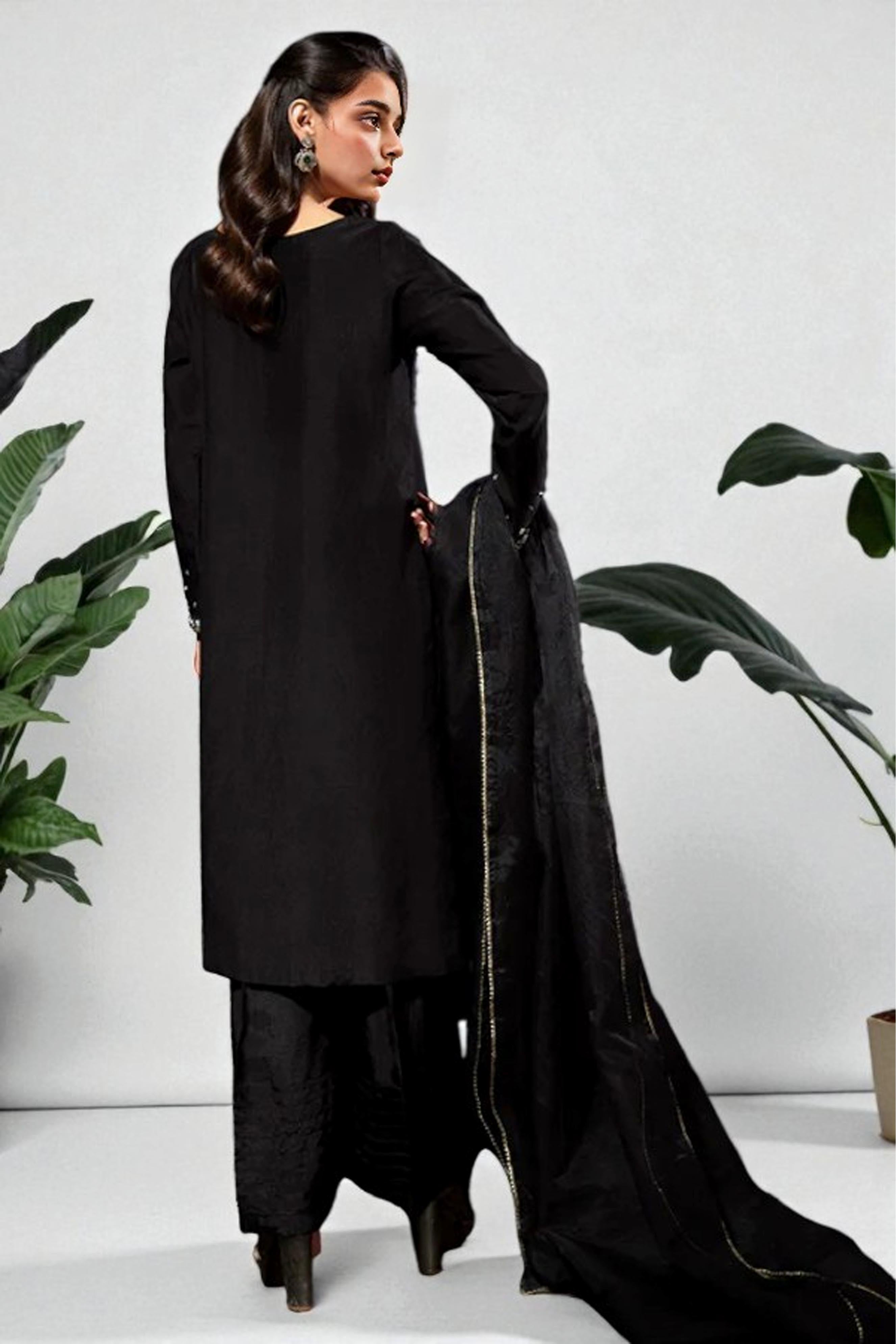 Corinna: Black Silk Dress With Hand Work - 488