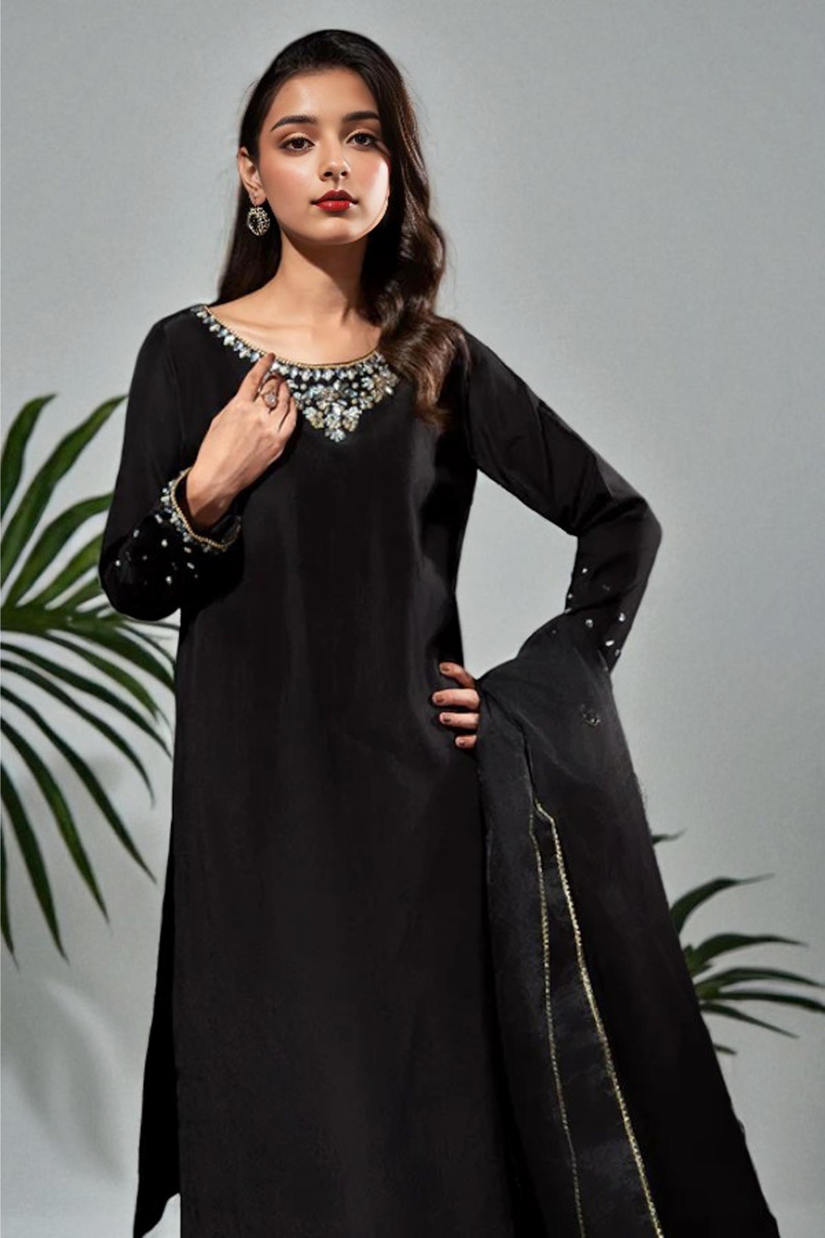 Corinna: Black Silk Dress With Hand Work - 488