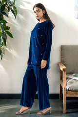 Sheena: Navy Blue Velvet Co Ord With Hand Embellishment - 453