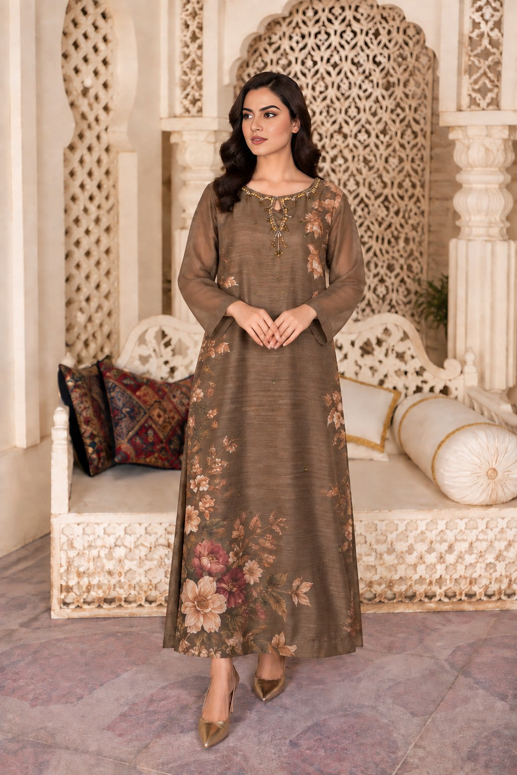Sapphire: Hand-Worked Printed Long Dress - 538