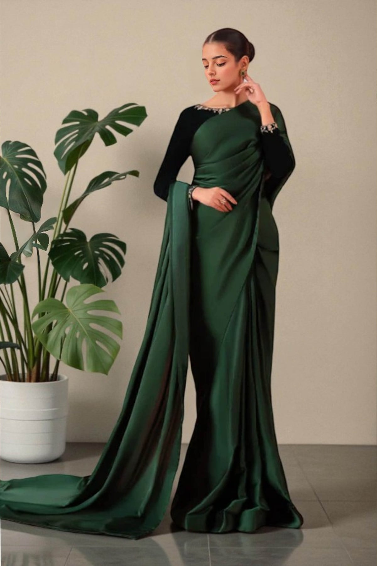 Kaia: Green Silk With Velvet Saree And Hand Work - 493