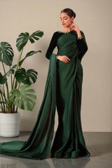Kaia: Green Silk With Velvet Saree And Hand Work - 493