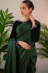 Kaia: Green Silk With Velvet Saree And Hand Work - 493