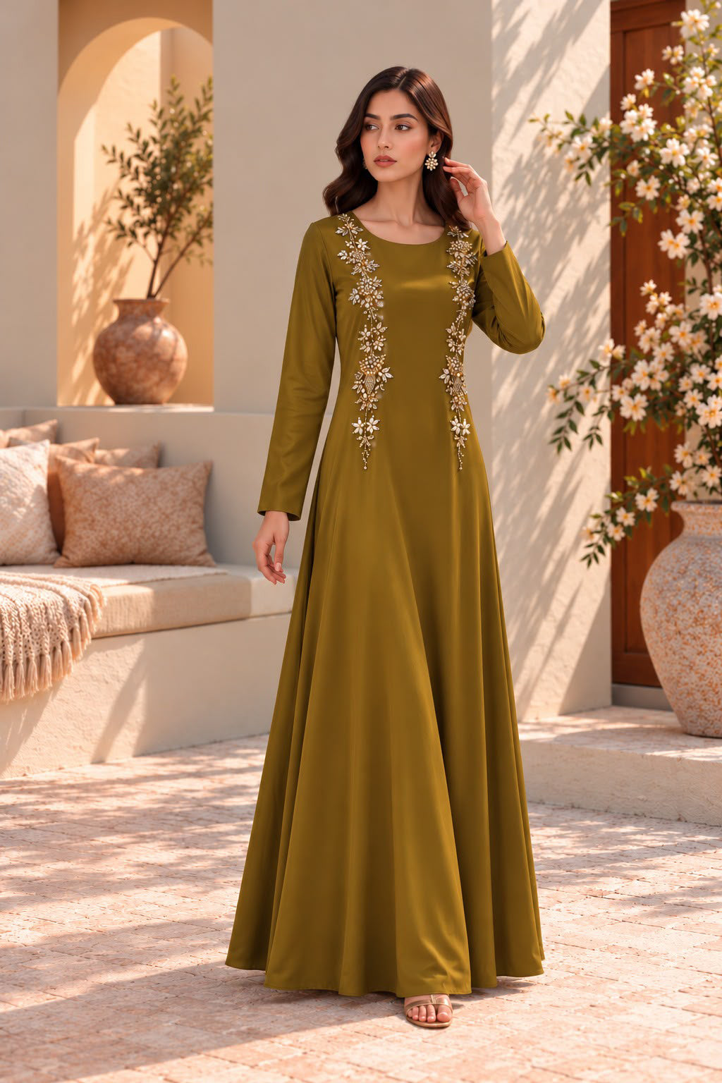 Catarina: Olive Gold Color Dress With Hand Embellishment - 548