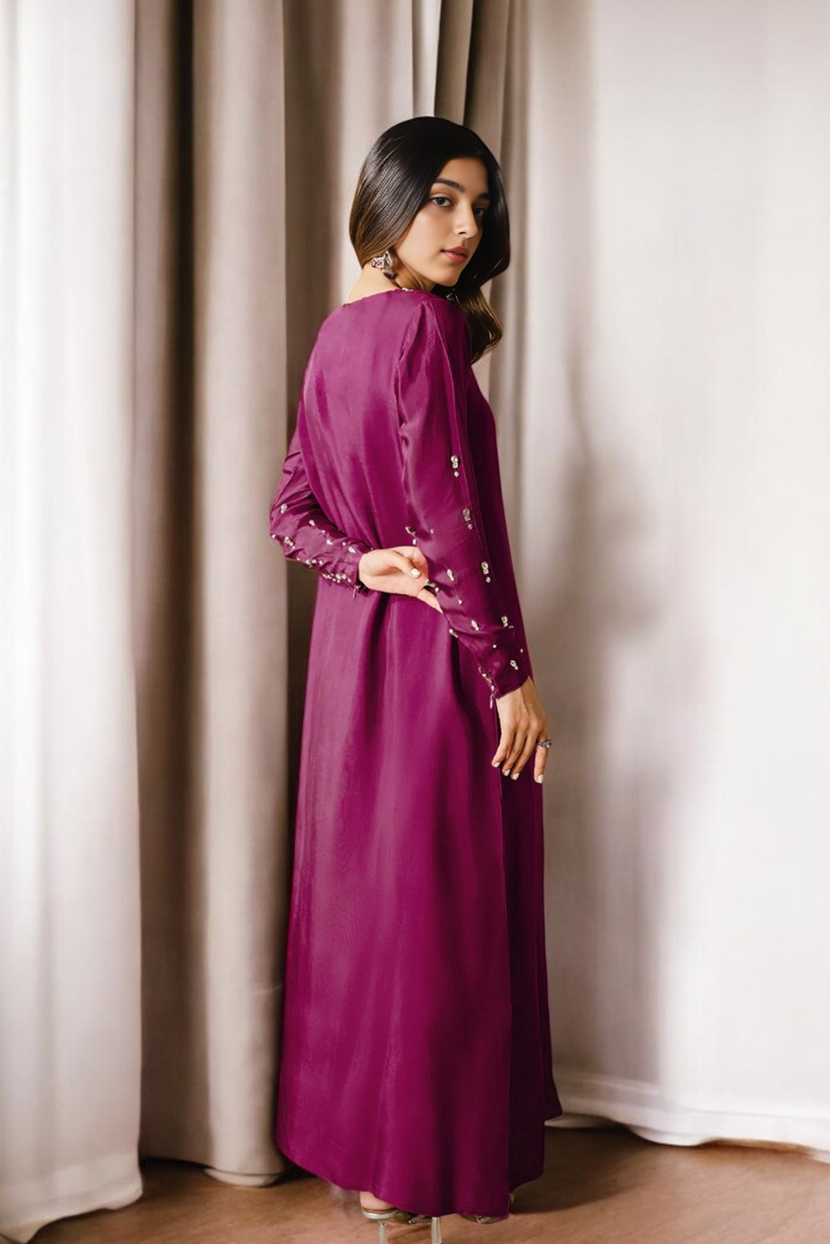 Margarita: Burgundy Long Dress With Crystal Hand Embellishment - 471
