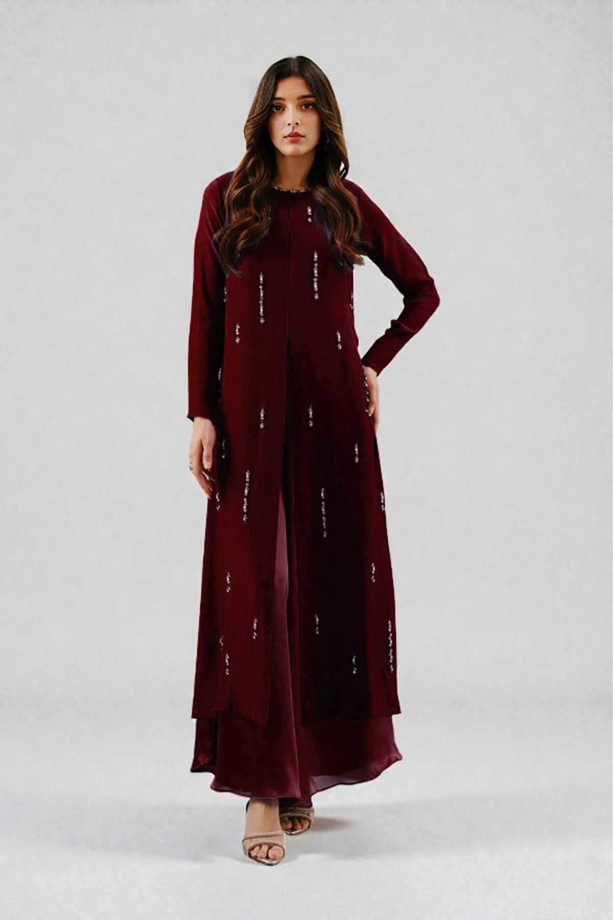 Artemis: Maroon Velvet & Silk Handwork Dress - 2PC