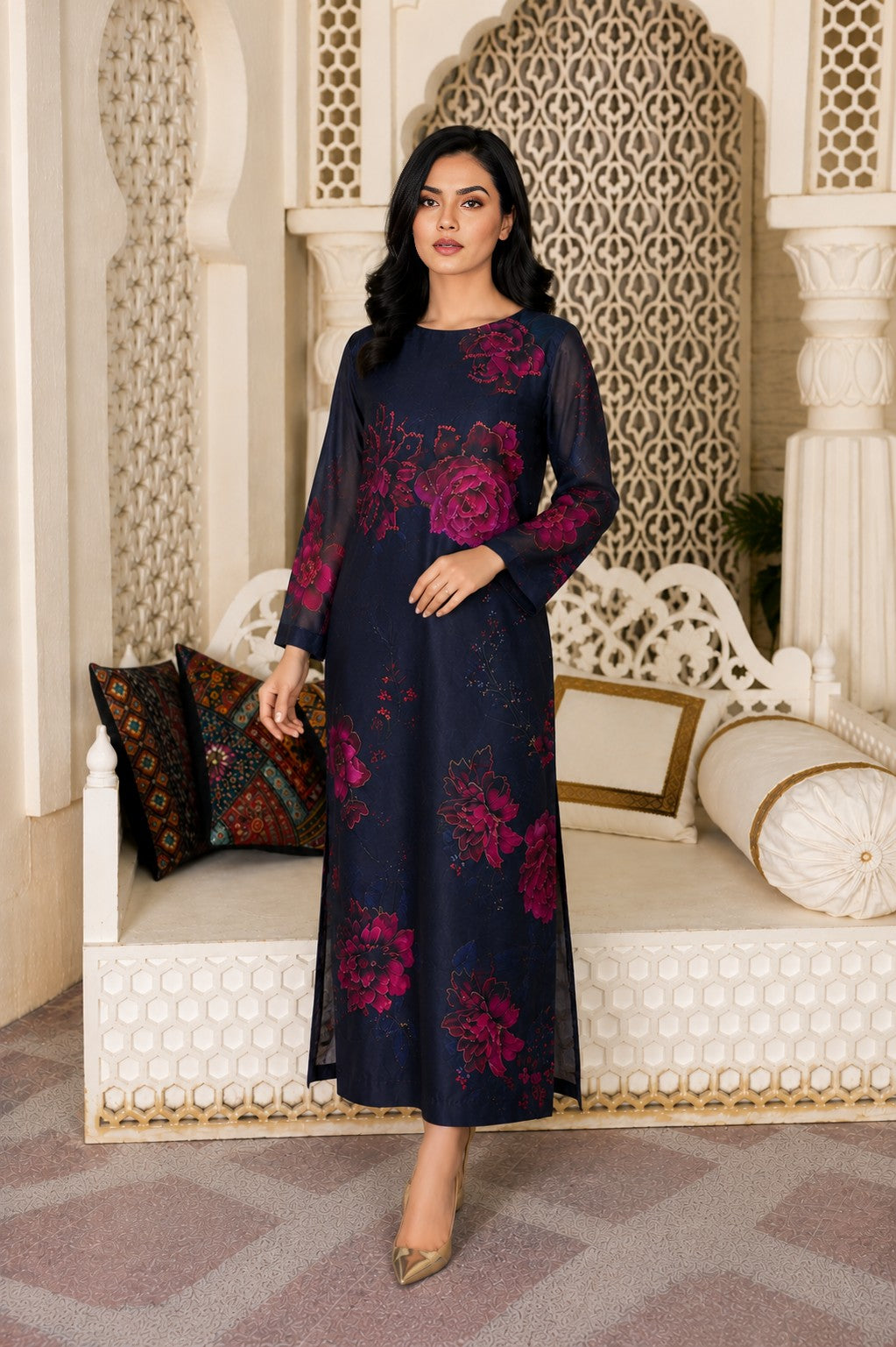Melicia: Hand-Worked Printed Long Dress - 534