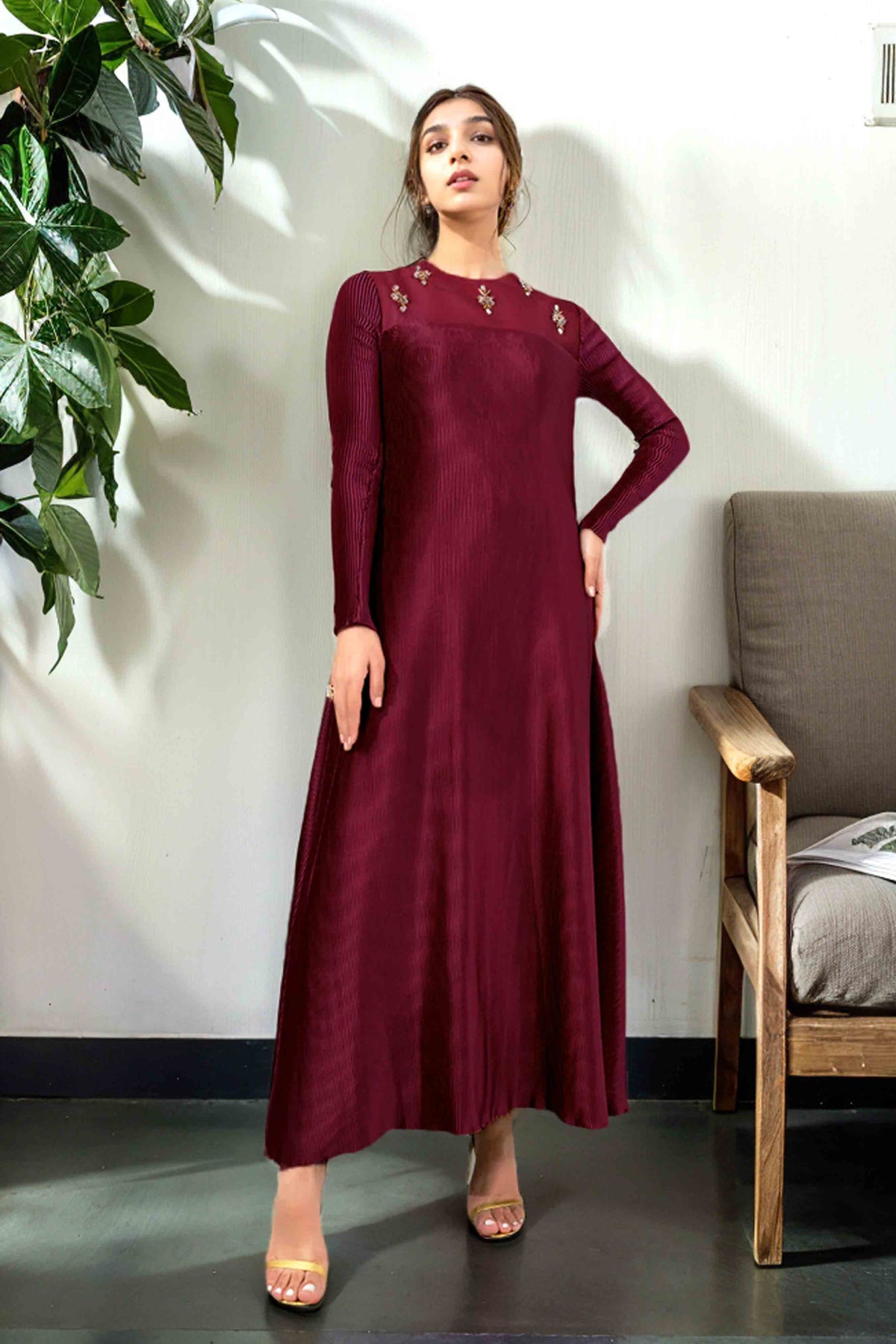 Orla: Maroon Plated Maxi With Hand Embellishment - 452