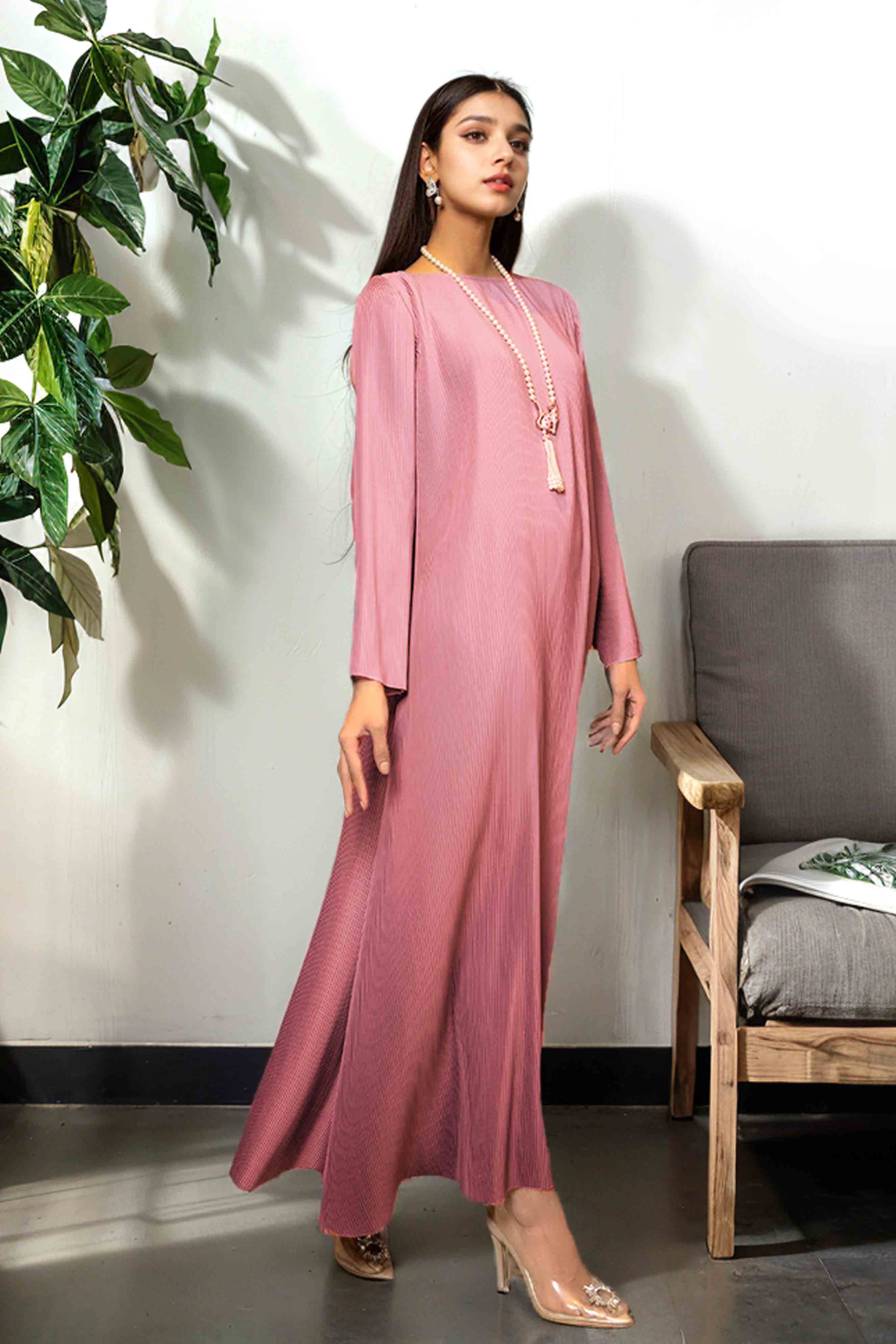 Melo: Champagne Pink Pleated Long Shirt - 456