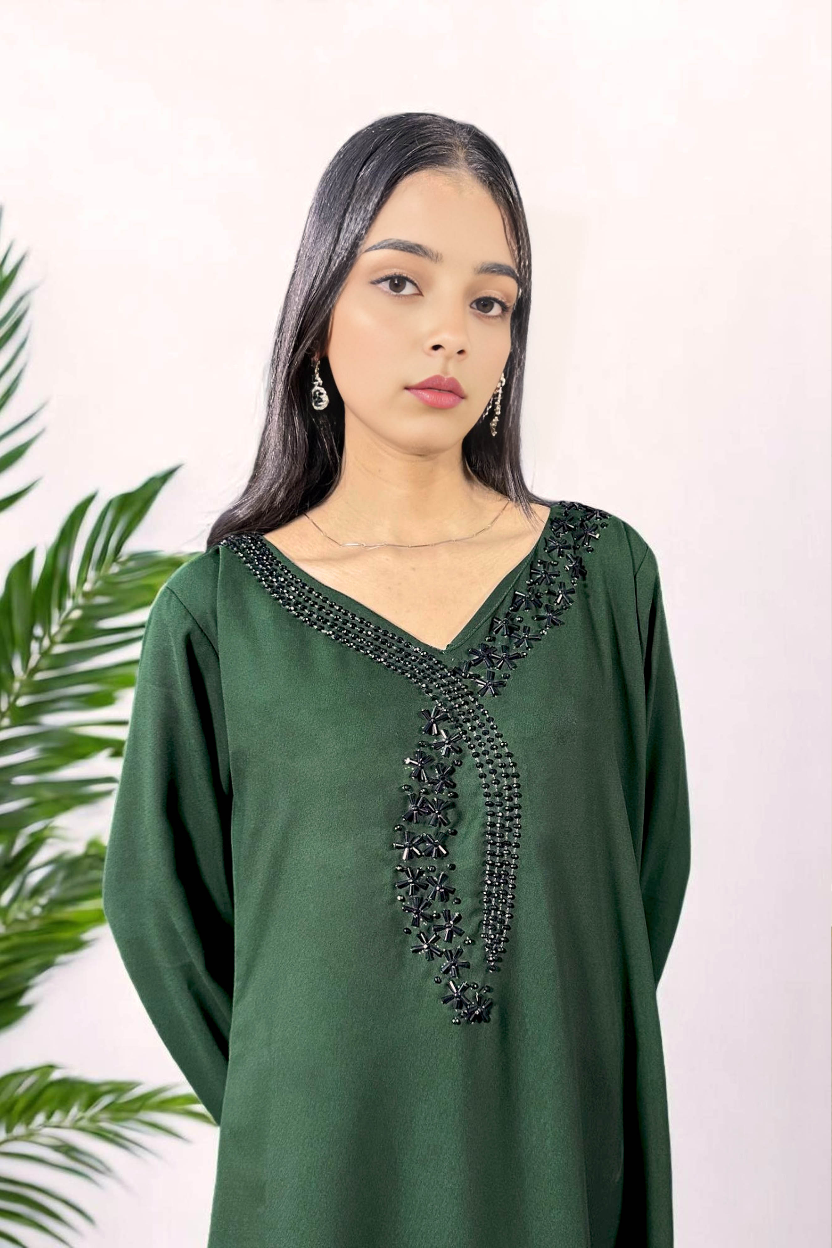 Voula: Green Color Dress With Crystal Hand Embellishment - 478